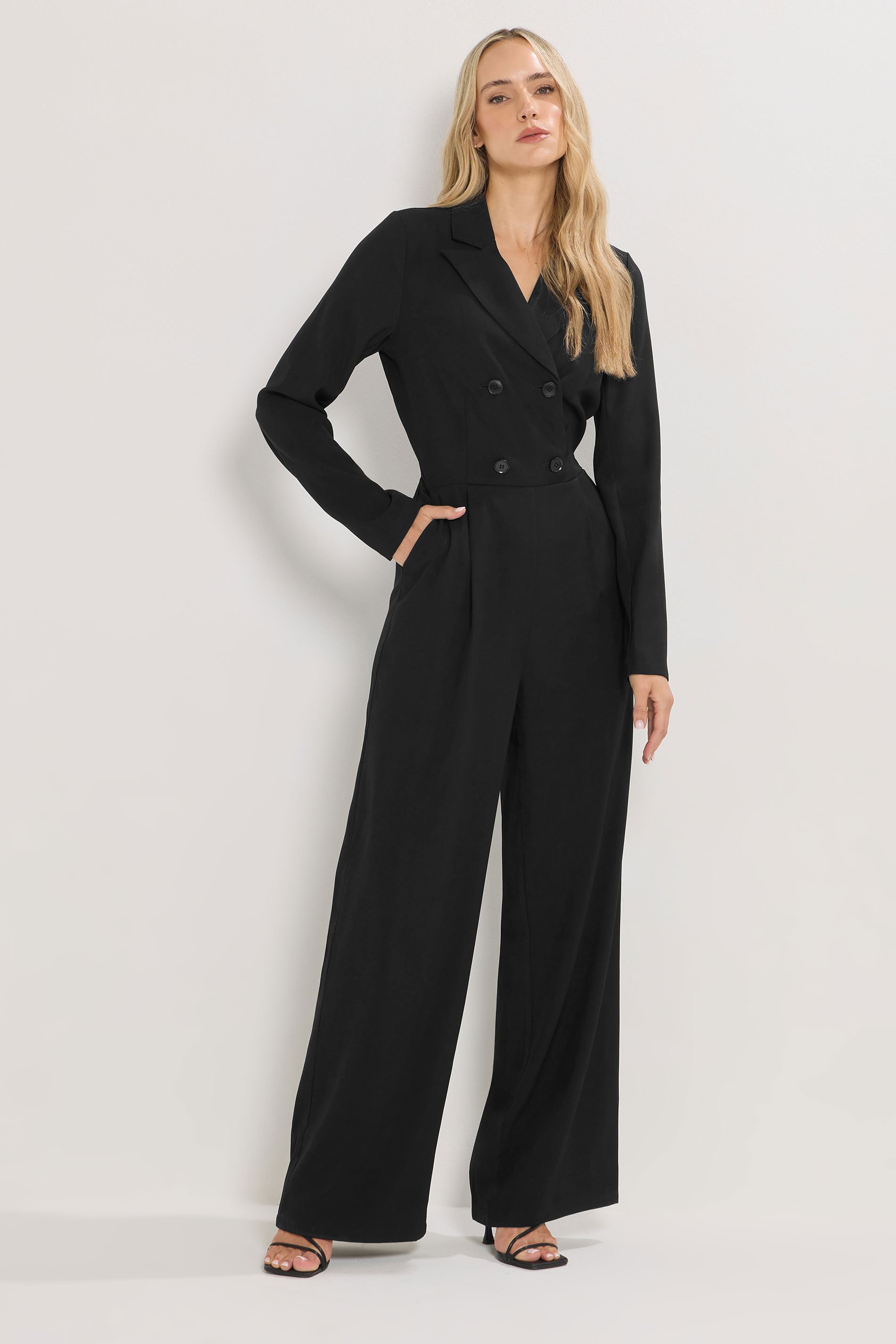 LTS Tall Black Open Collar Wide Leg Jumpsuit | Long Tall Sally 1