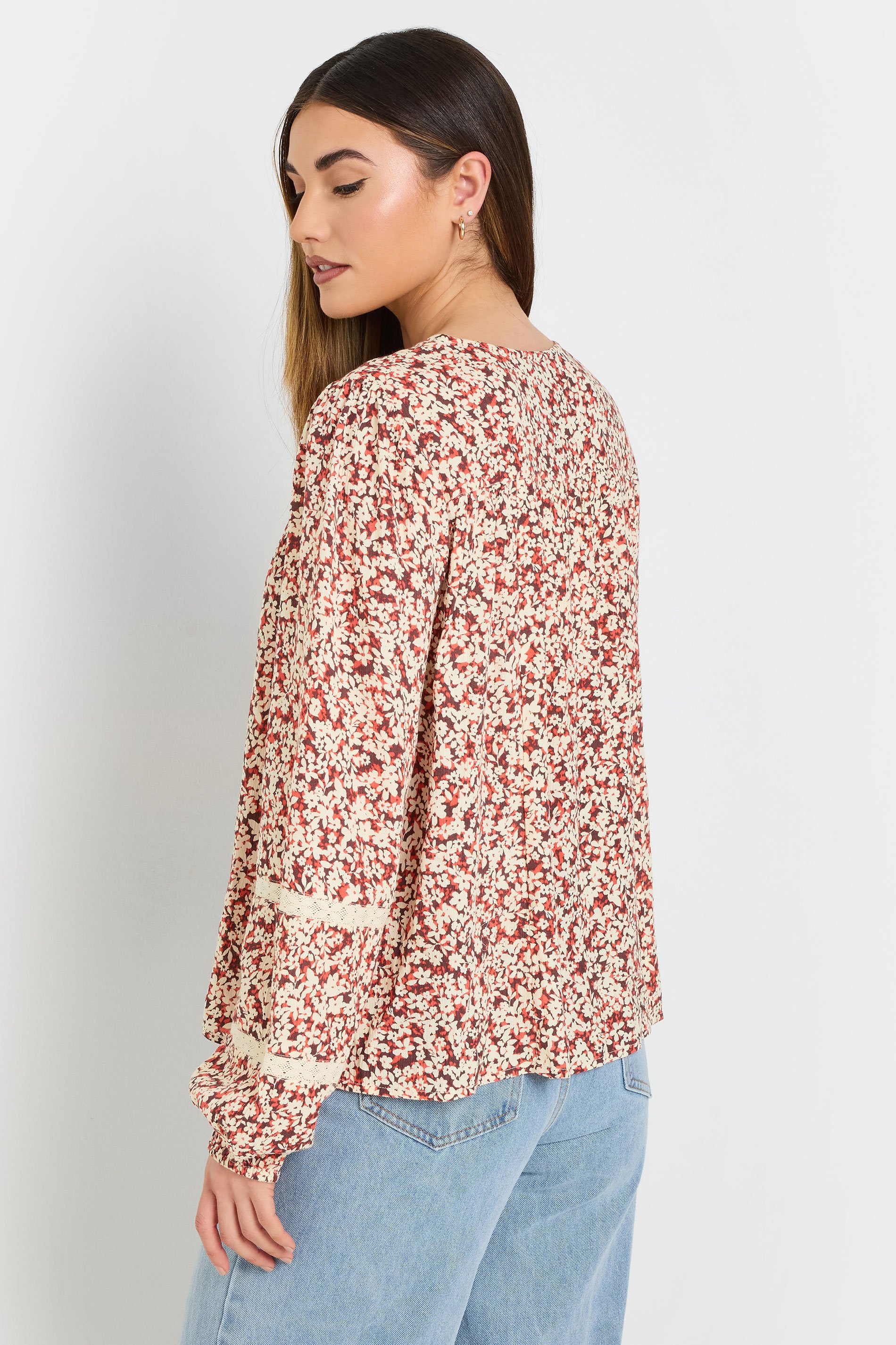 LTS Tall Coral Orange Ditsy Floral Tassel Tie Blouse | Long Tall Sally 4