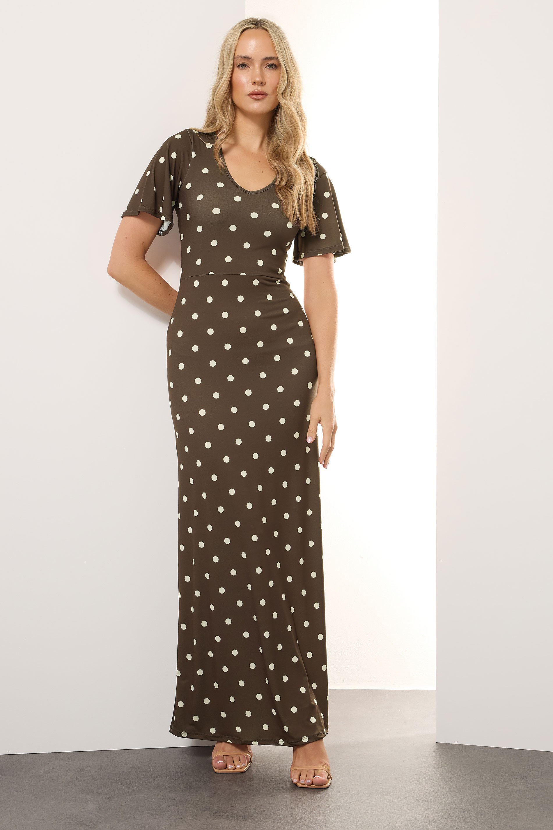 LTS Tall Brown Spot Angel Sleeve Maxi Dress | Long Tall Sally 4