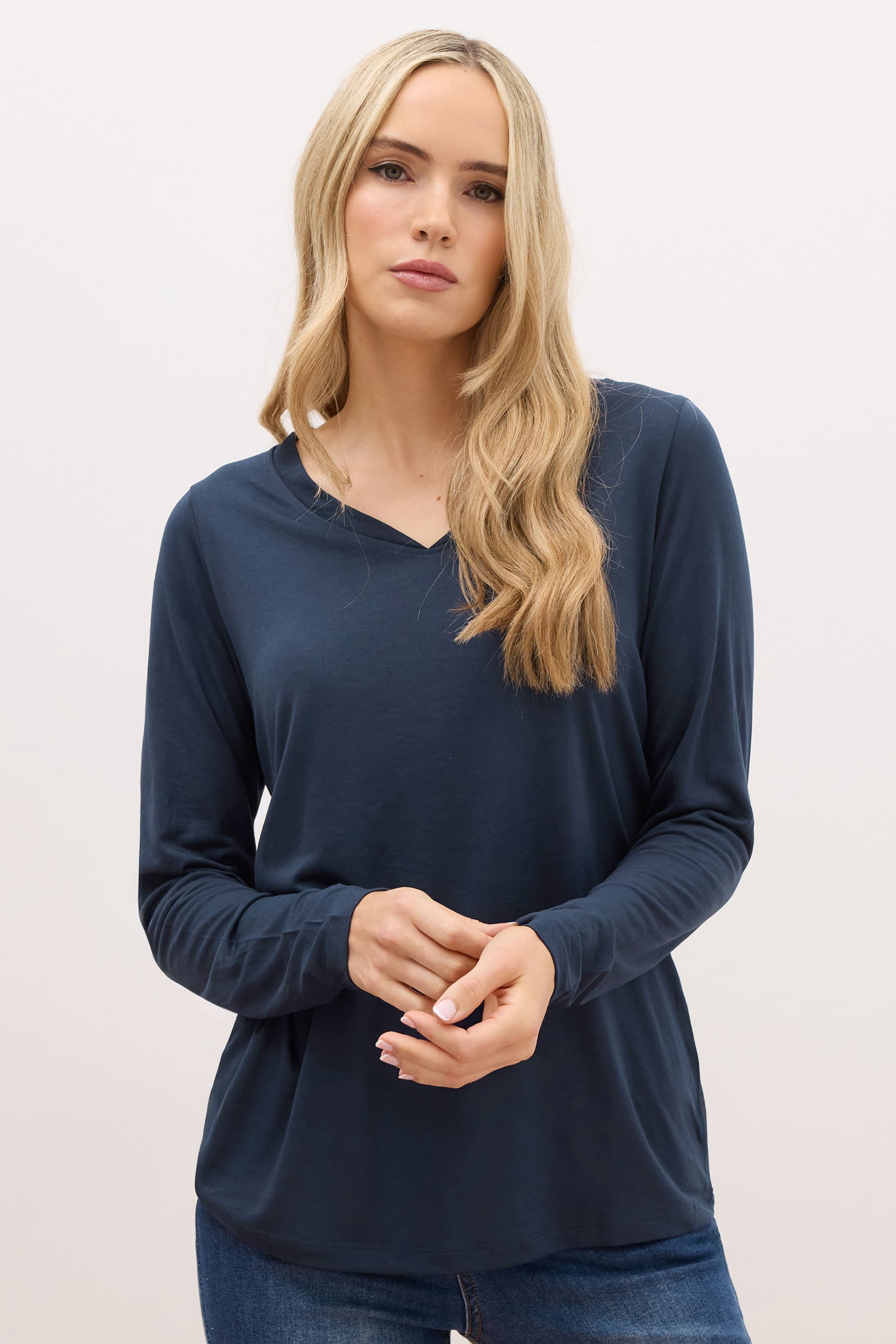 LTS PREMIUM Tall Navy Blue Long Sleeve V-Neck Top | Long Tall Sally 1