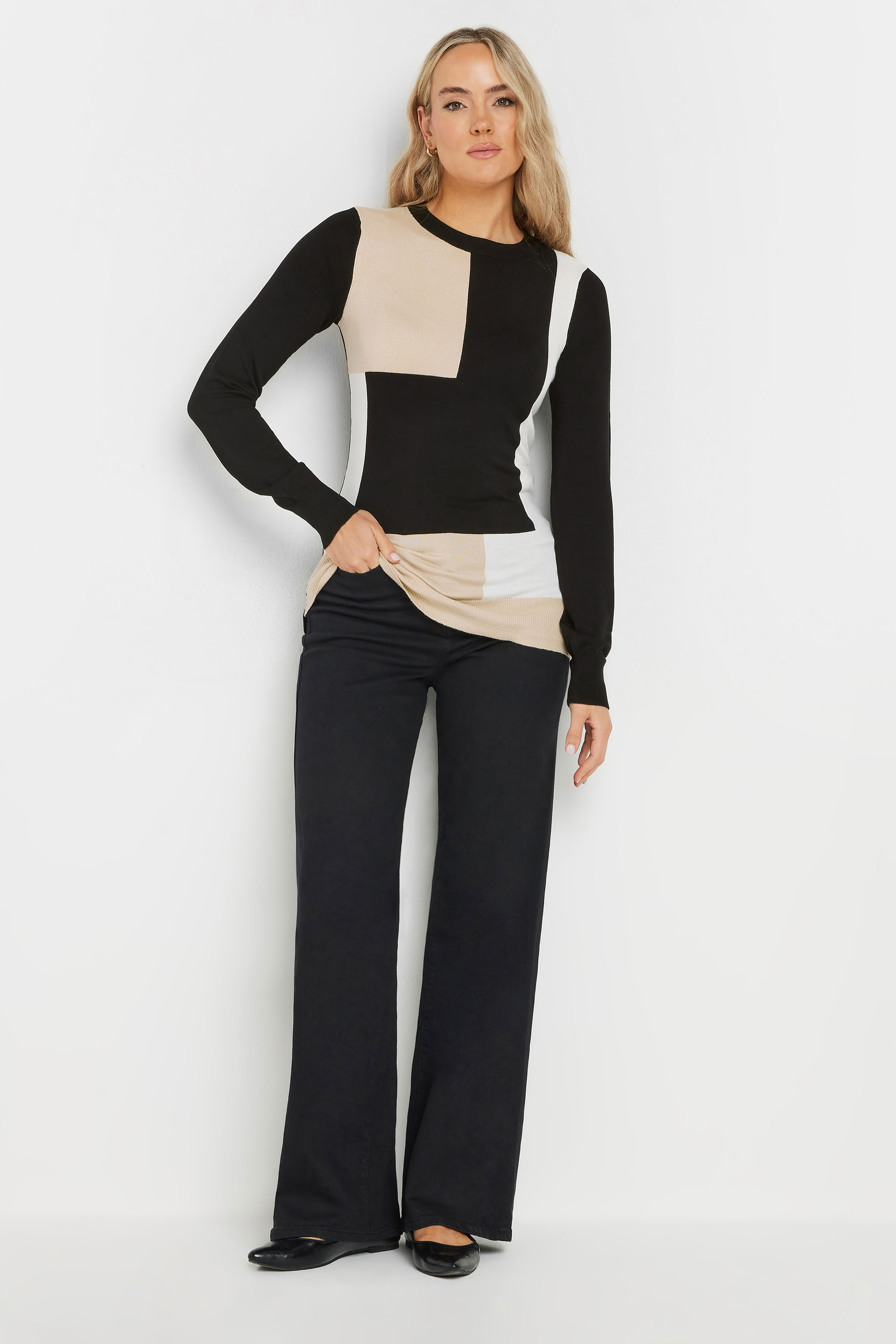 LTS Tall Black Fine Knit Colourblock Jumper | Long Tall Sally 3