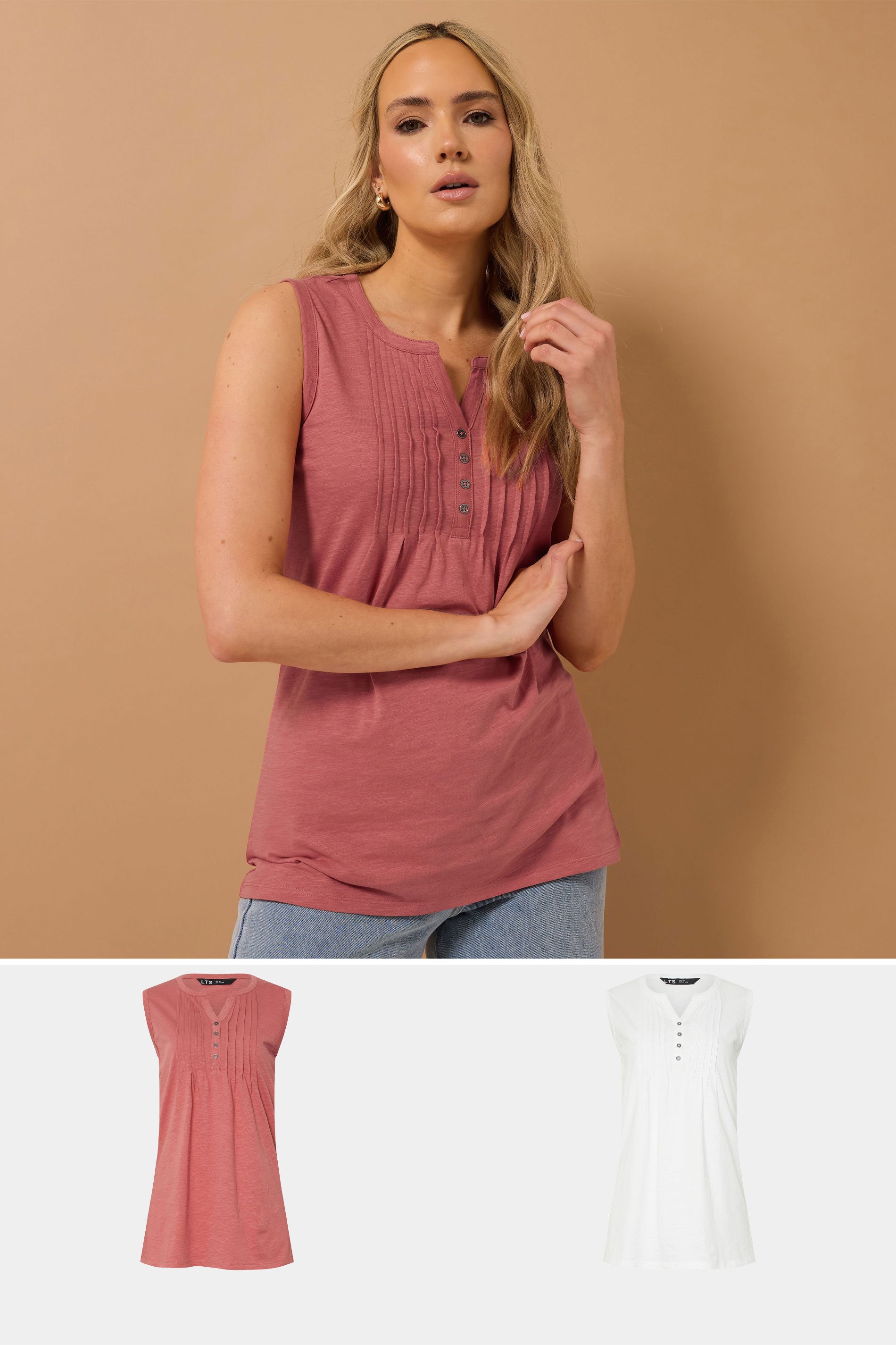 LTS Tall 2 PACK Coral Pink & White Henley Vest Tops | Long Tall Sally 1