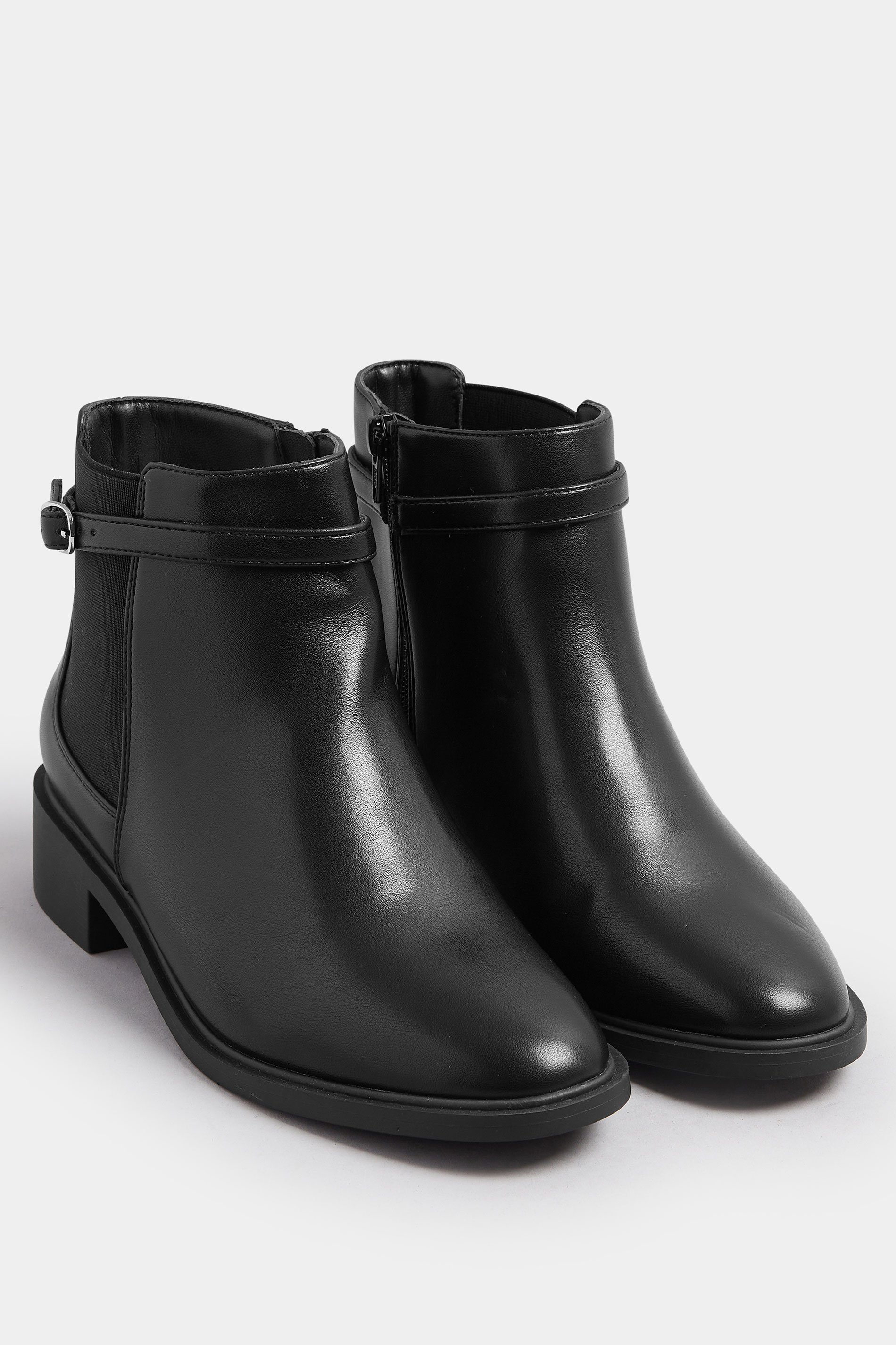 Black Faux Leather Buckle Stretch Ankle Boots In Wide E Fit & Extra Wide EEE Fit | Yours Clothing 3