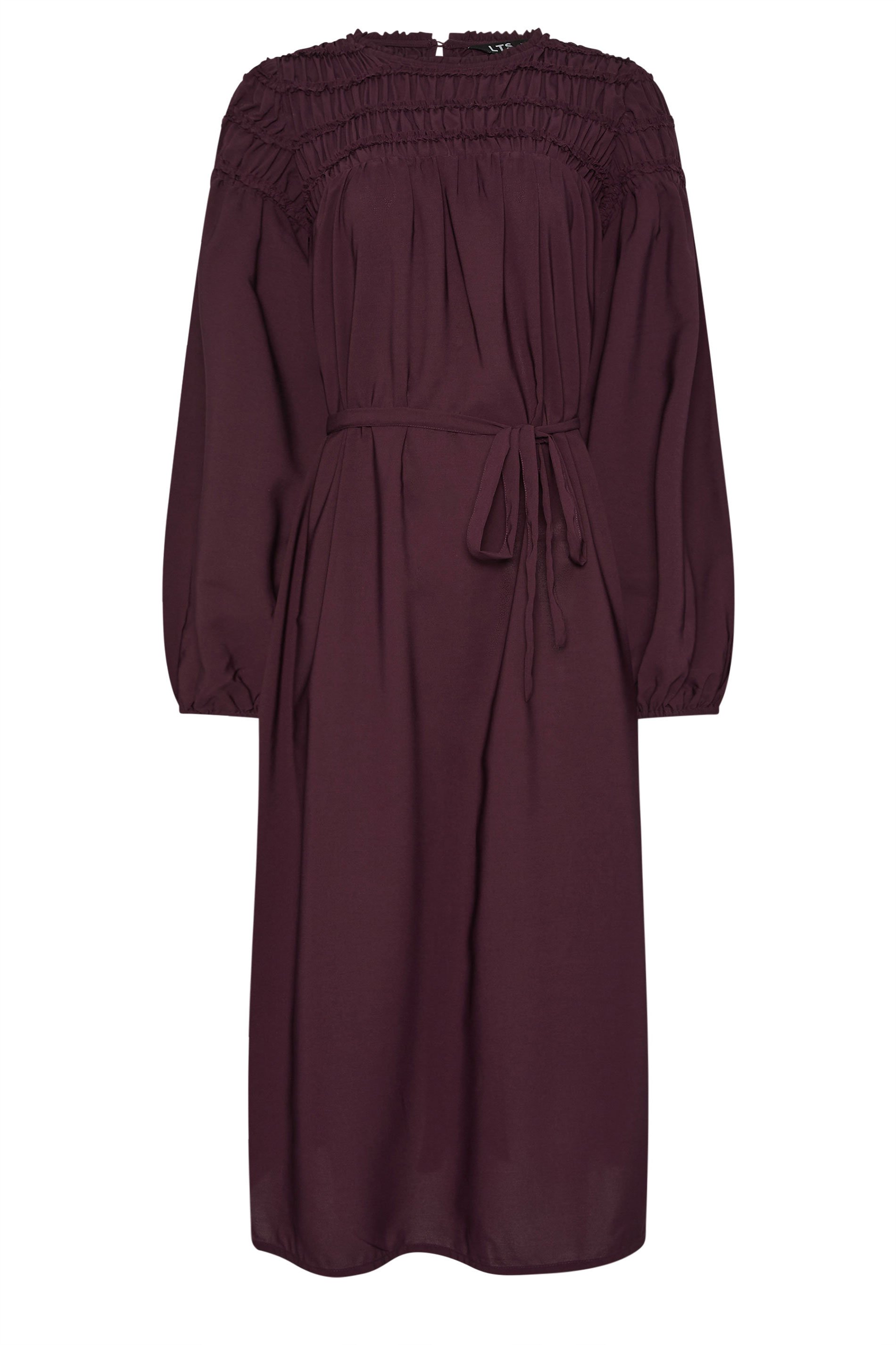 LTS Tall Burgundy Red Shirred Long Sleeve Midi Dress | Long Tall Sally 6