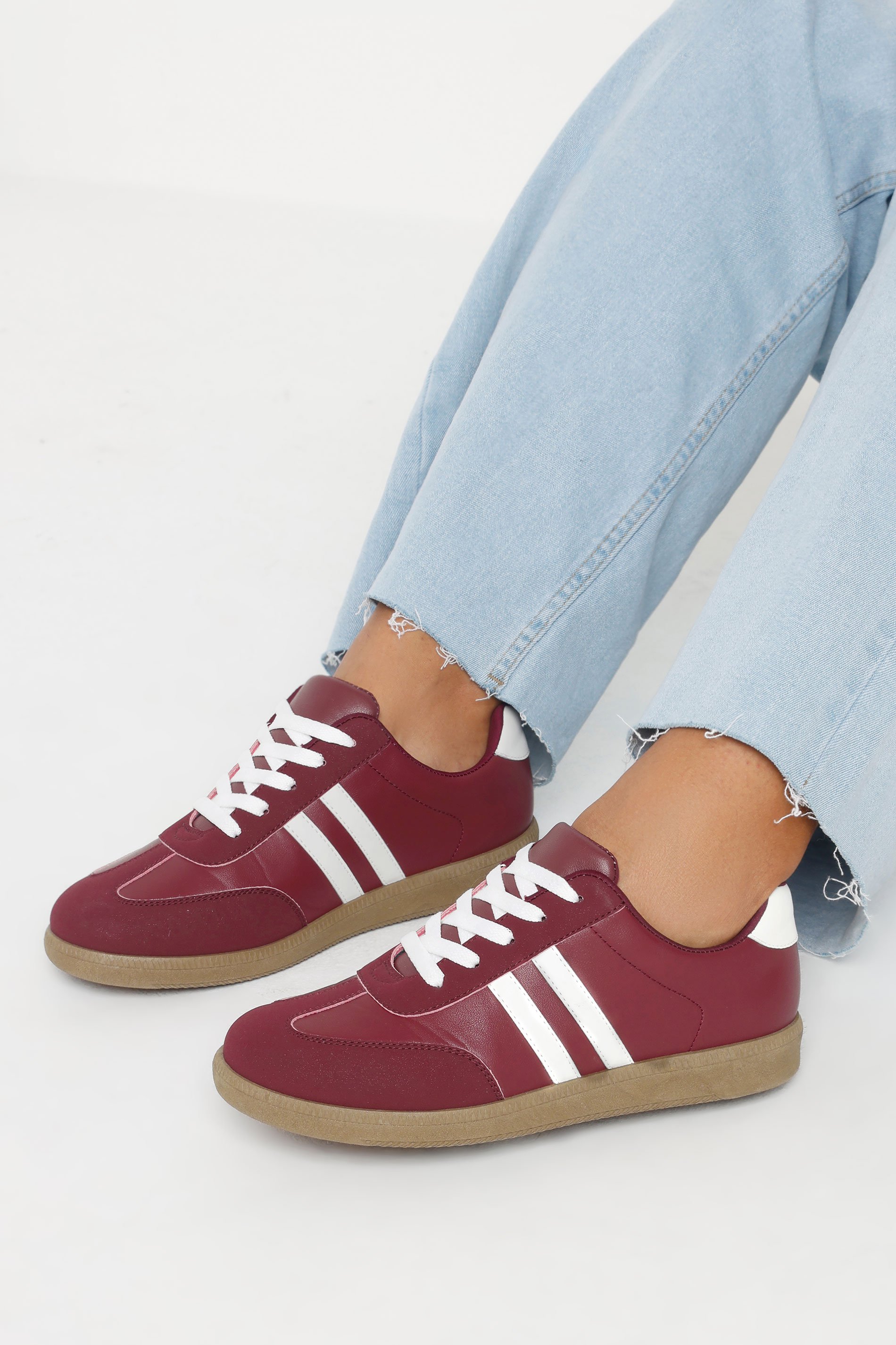 Burgundy Red Retro Stripe Trainers In Extra Wide EEE Fit | Yours Clothing 1