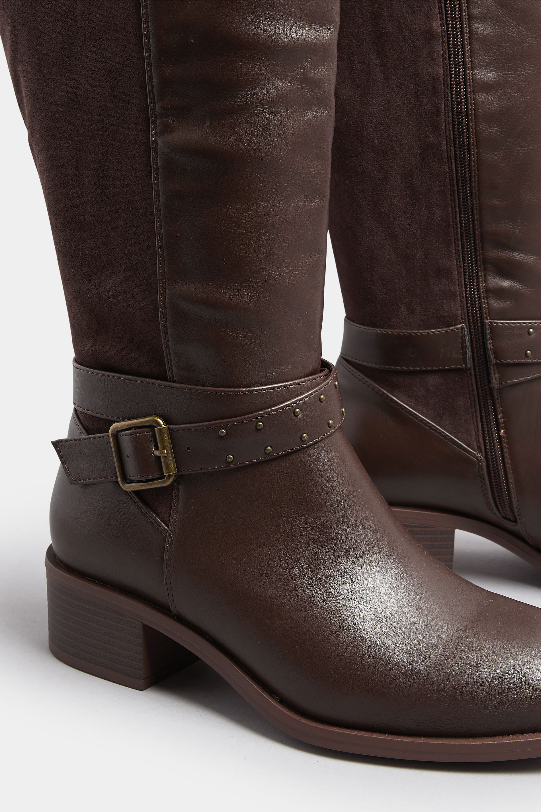 Chocolate Brown Faux Leather Buckle Strap Knee High Boots In Extra Wide EEE Fit | Yours Clothing 5