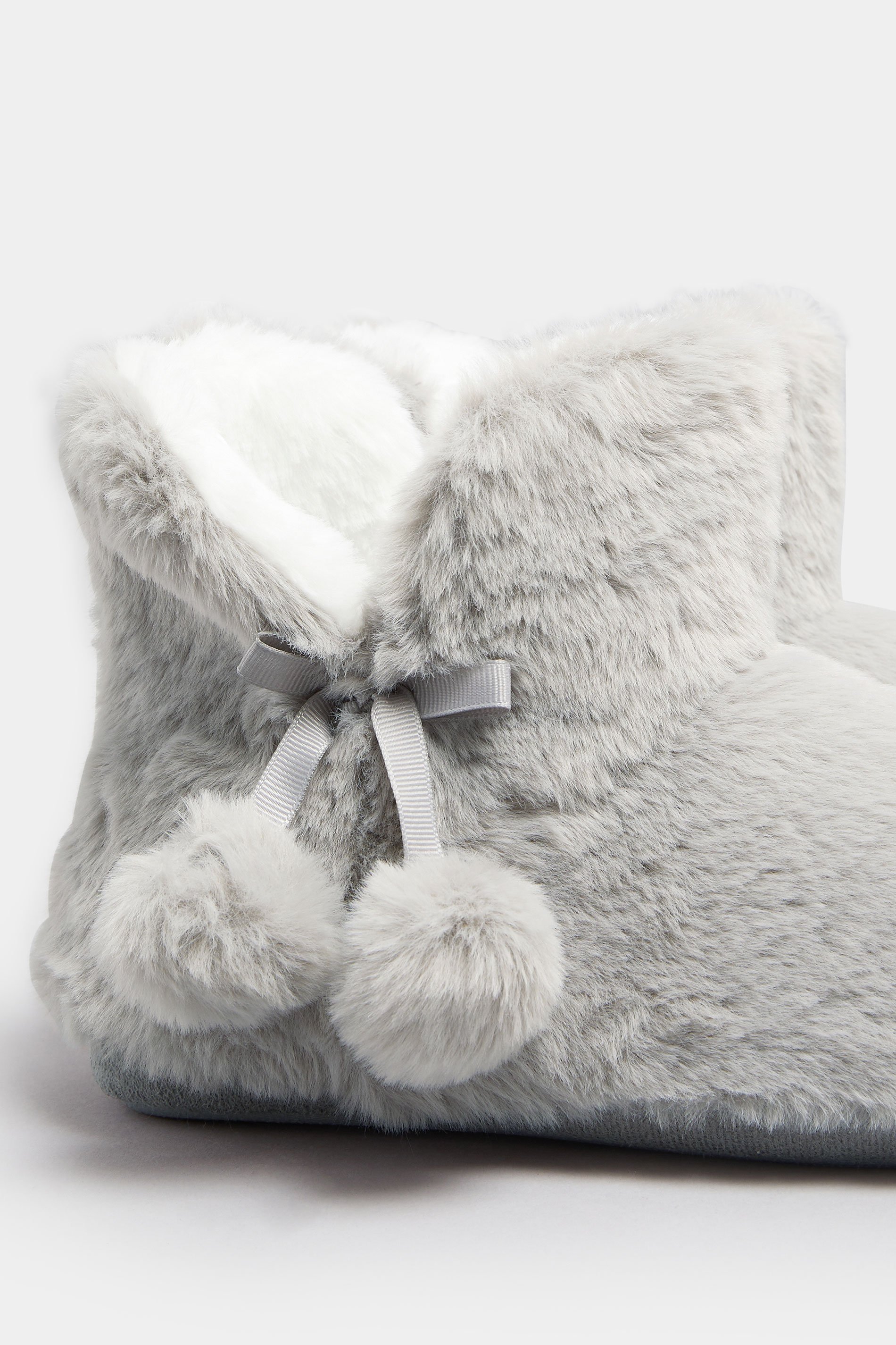 Grey Pom Pom Faux Fur Boot Slippers | Yours Clothing 5