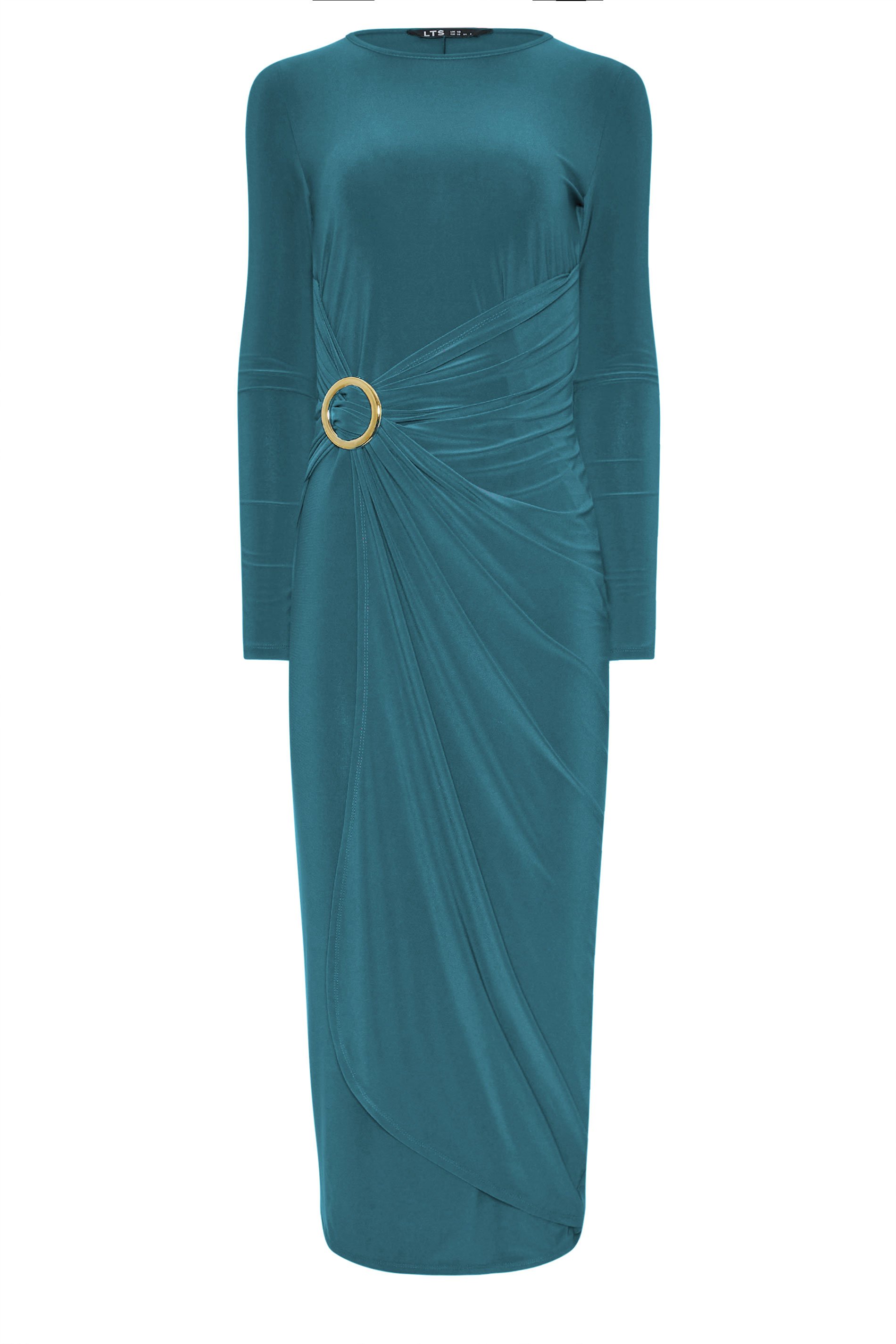 LTS Tall Teal Green Jersey Drape Long Sleeve Buckle Dress | Long Tall Sally 1