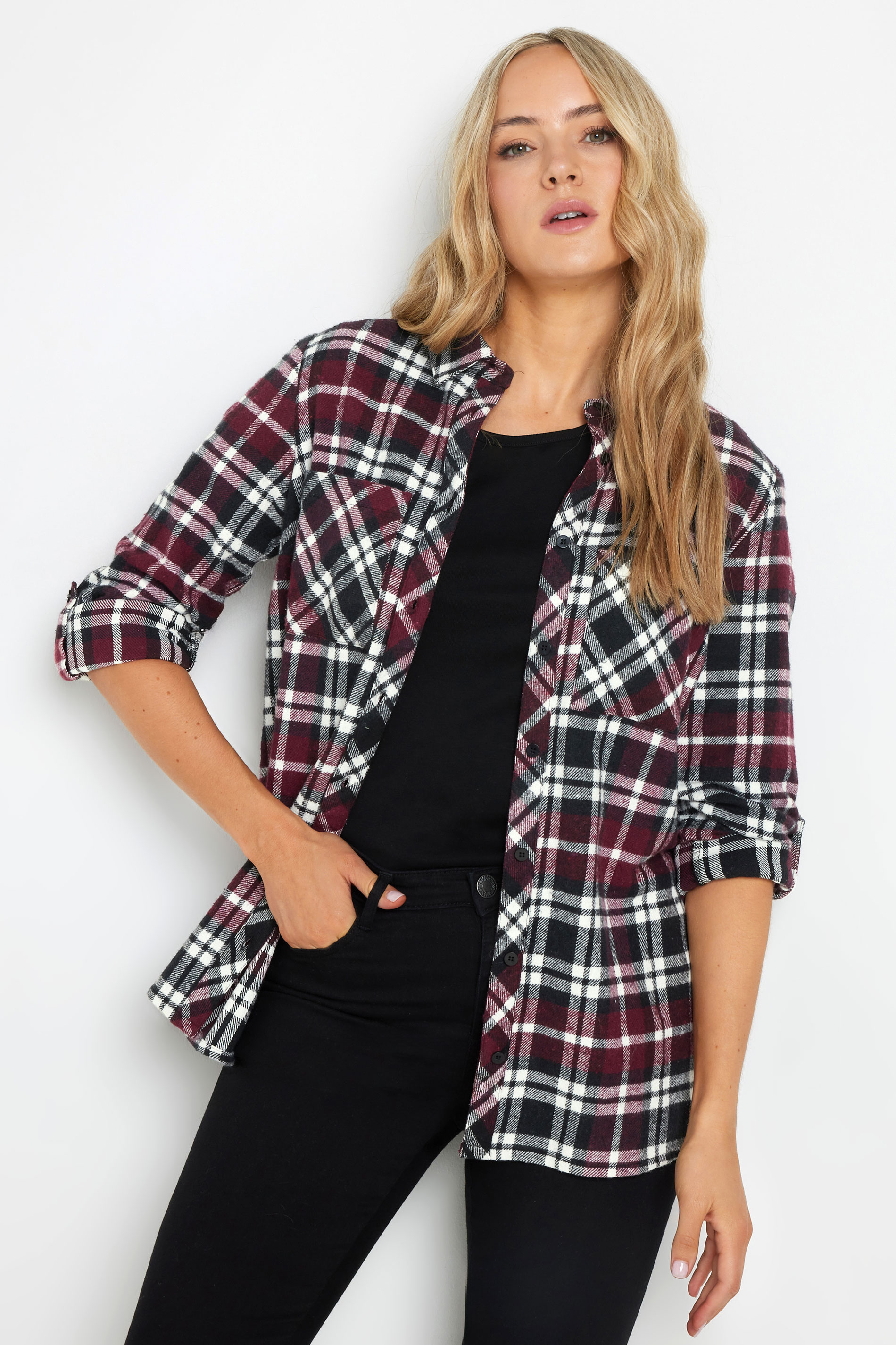 LTS Tall Burgundy Red Check Rolled Sleeve Shirt | Long Tall Sally 5