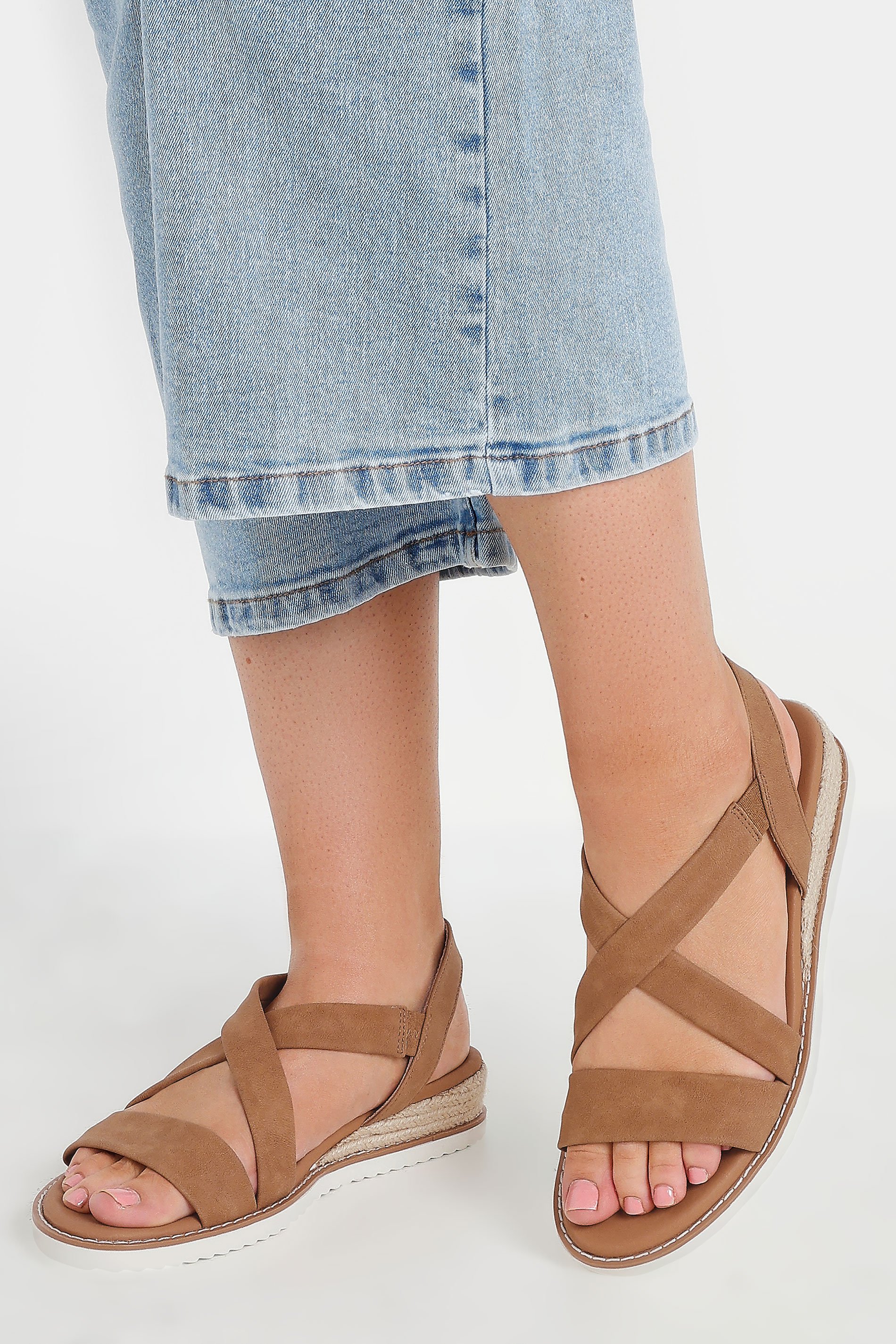 Brown Cross Over Strappy Wedge Sandals In Wide E & Extra Wide EEE Fit | Yours Clothing 1