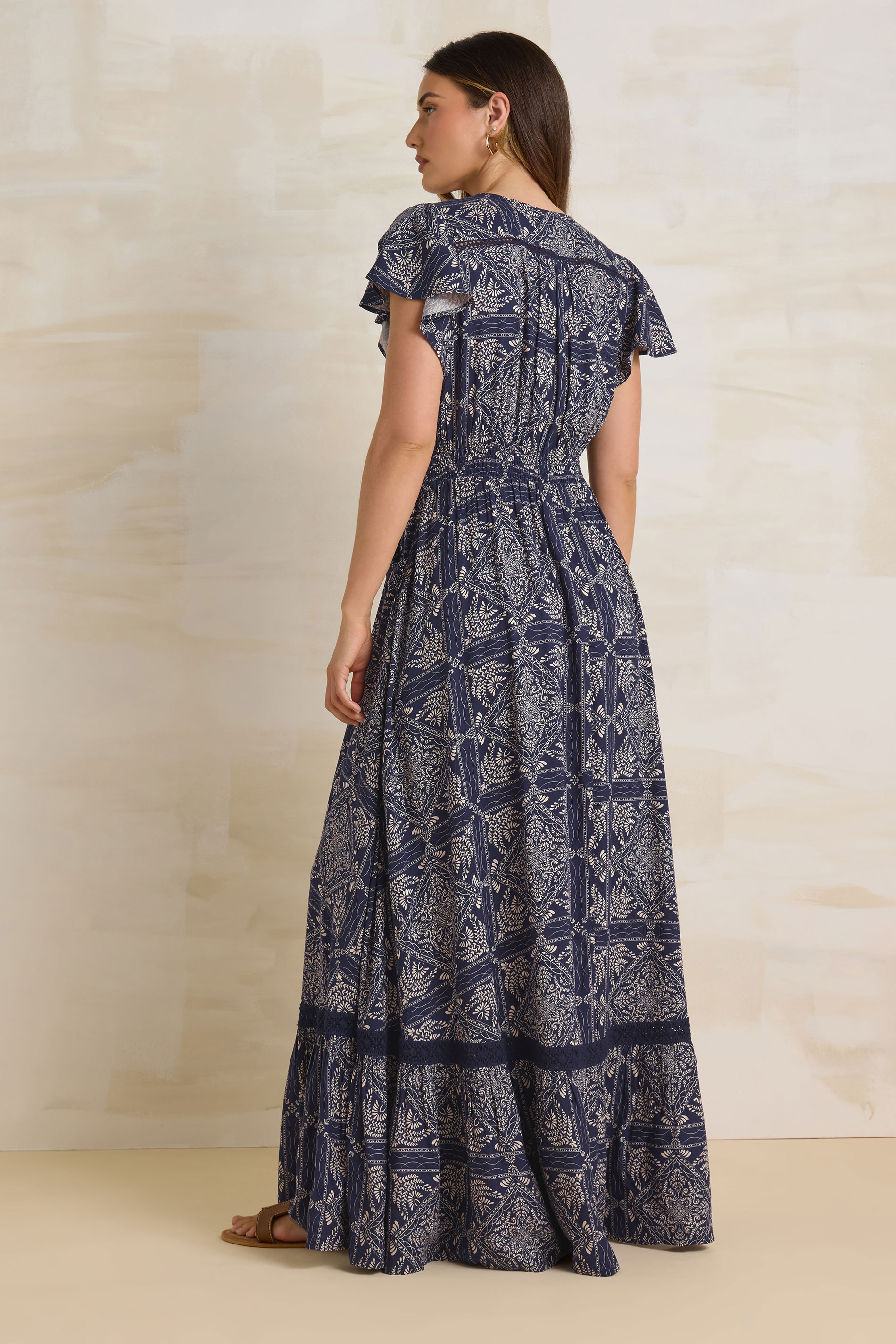 LTS Tall Navy Blue Tile Print Button Lace Insert Maxi Dress | Long Tall Sally 3