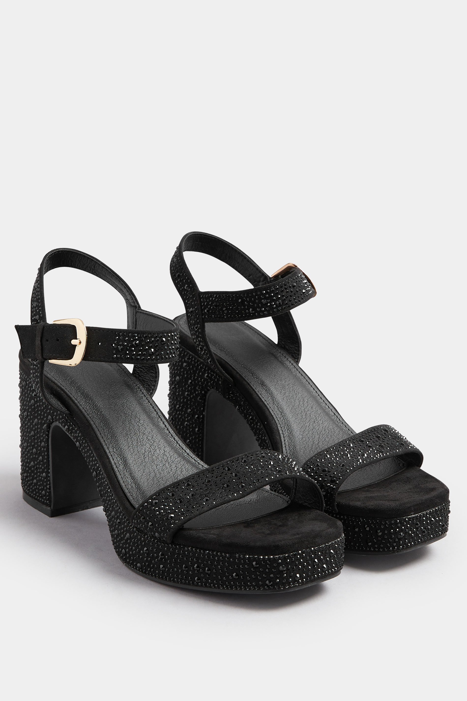 Black Diamante Platform Block Heels In Wide E Fit | Yours Clothing 2