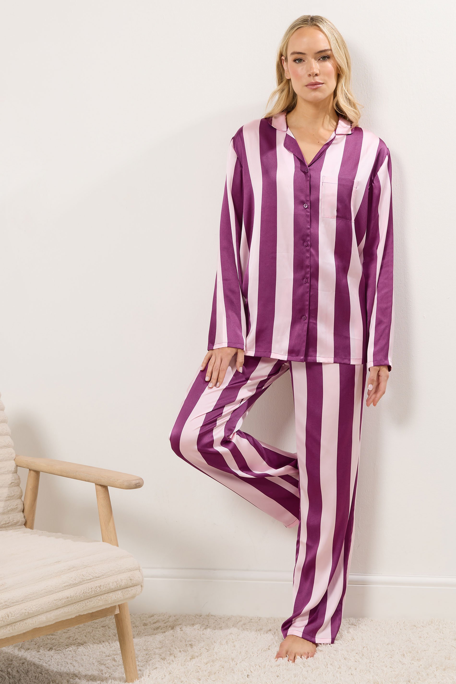 LTS Tall Burgundy Red Stripe Satin Pyjama Set | Long Tall Sally 2