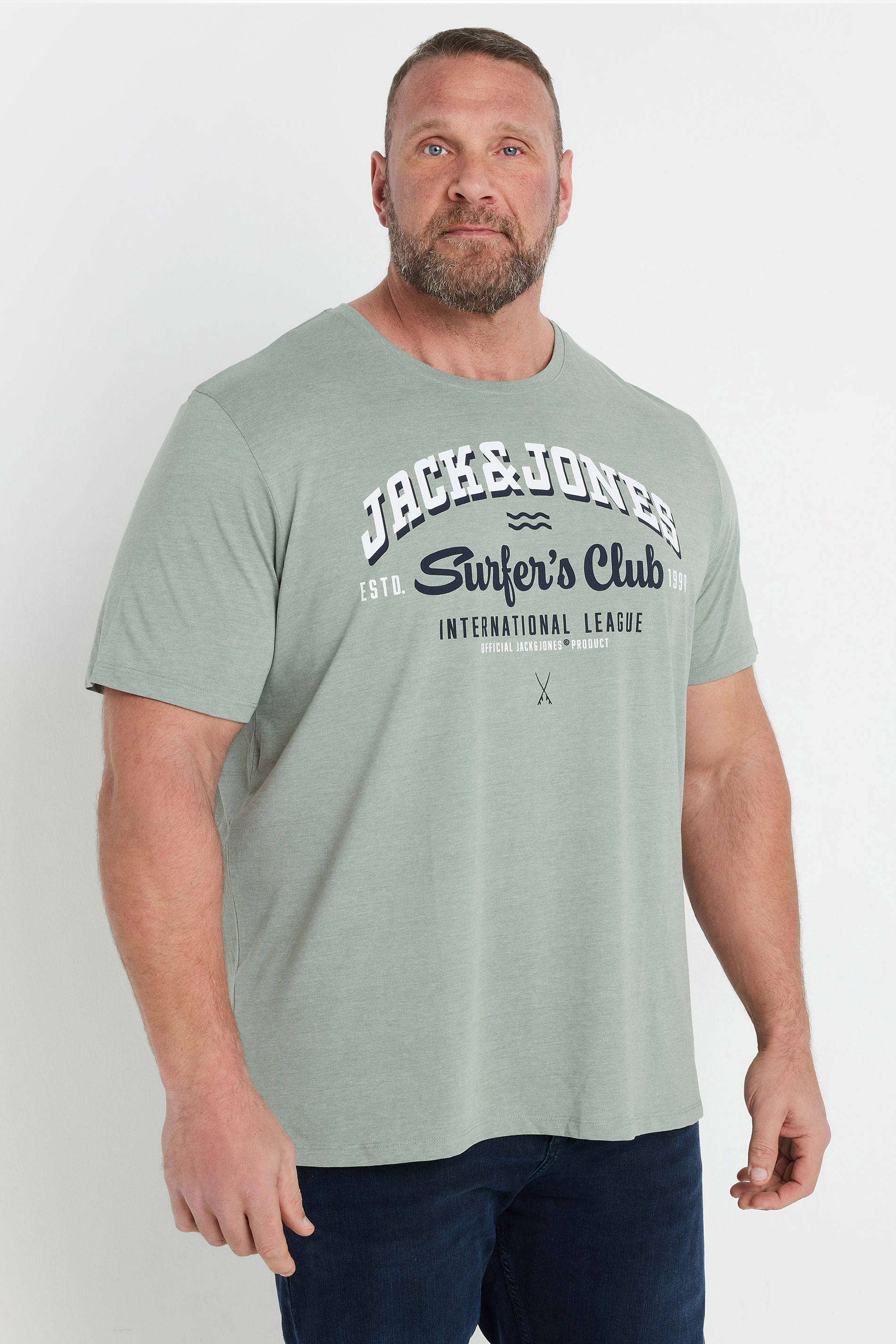 JACK & JONES Big & Tall Green 'Surfers Club' Printed T-Shirt | BadRhino 1