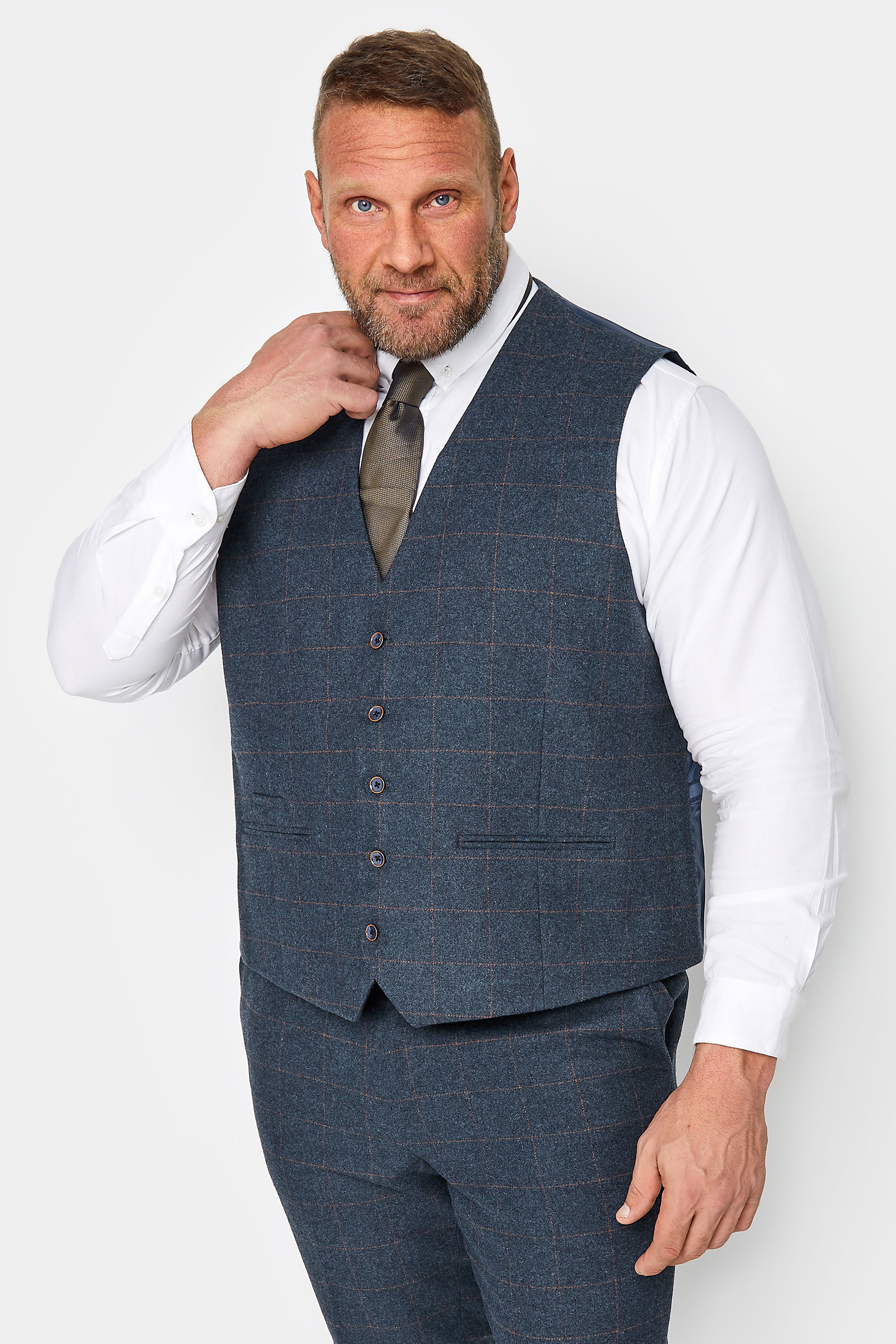 BadRhino Big & Tall Blue Wool Mix Check Suit Waistcoat | BadRhino 2