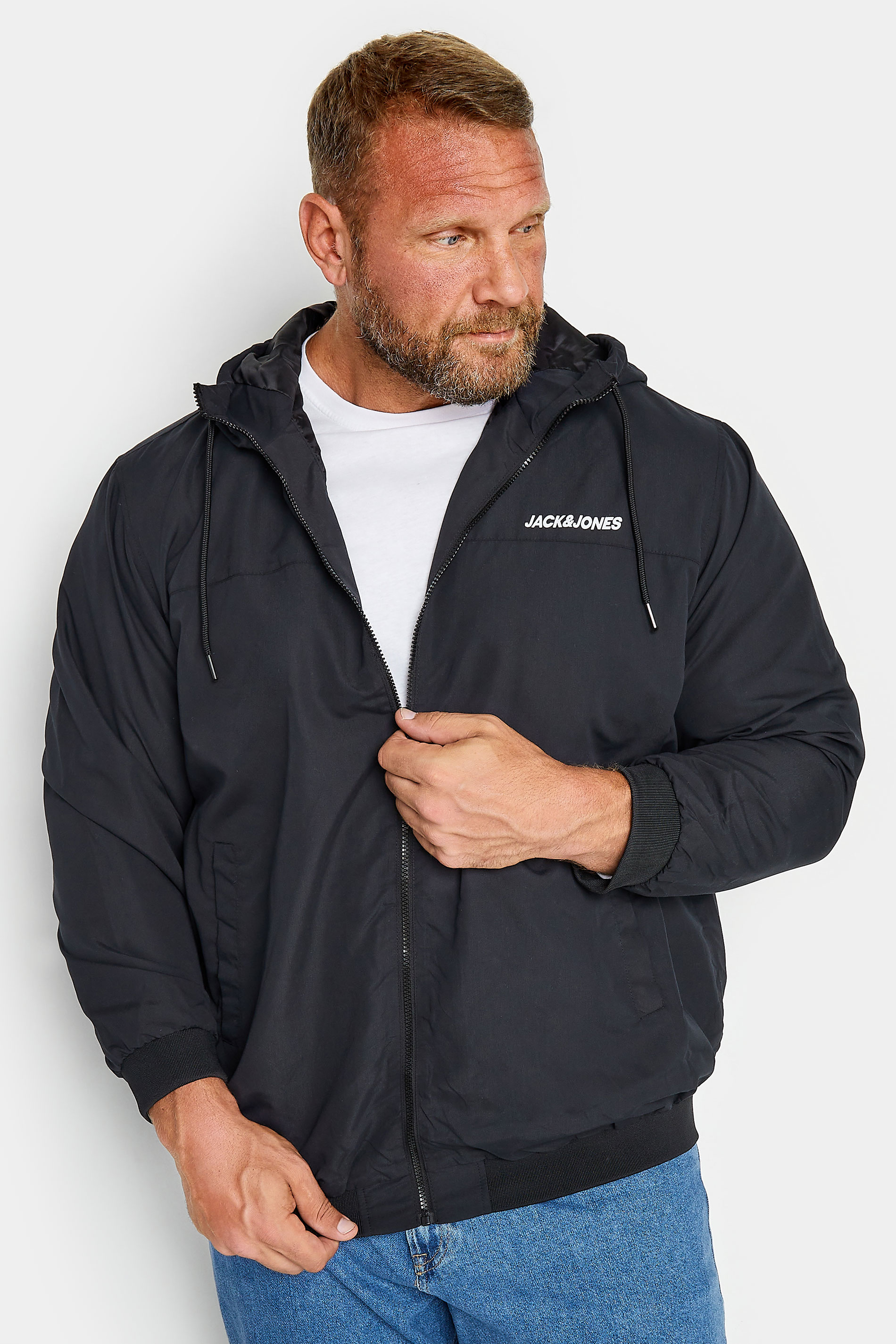 JACK & JONES Big & Tall Black Bomber Zip Up Hoodie | BadRhino  2