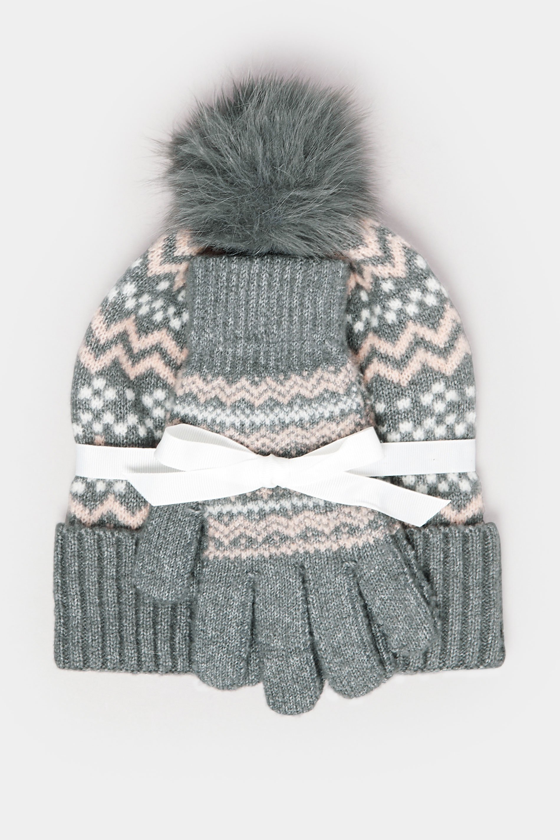 Grey Fairisle Bobble Hat & Glove Set | Yours Clothing 2