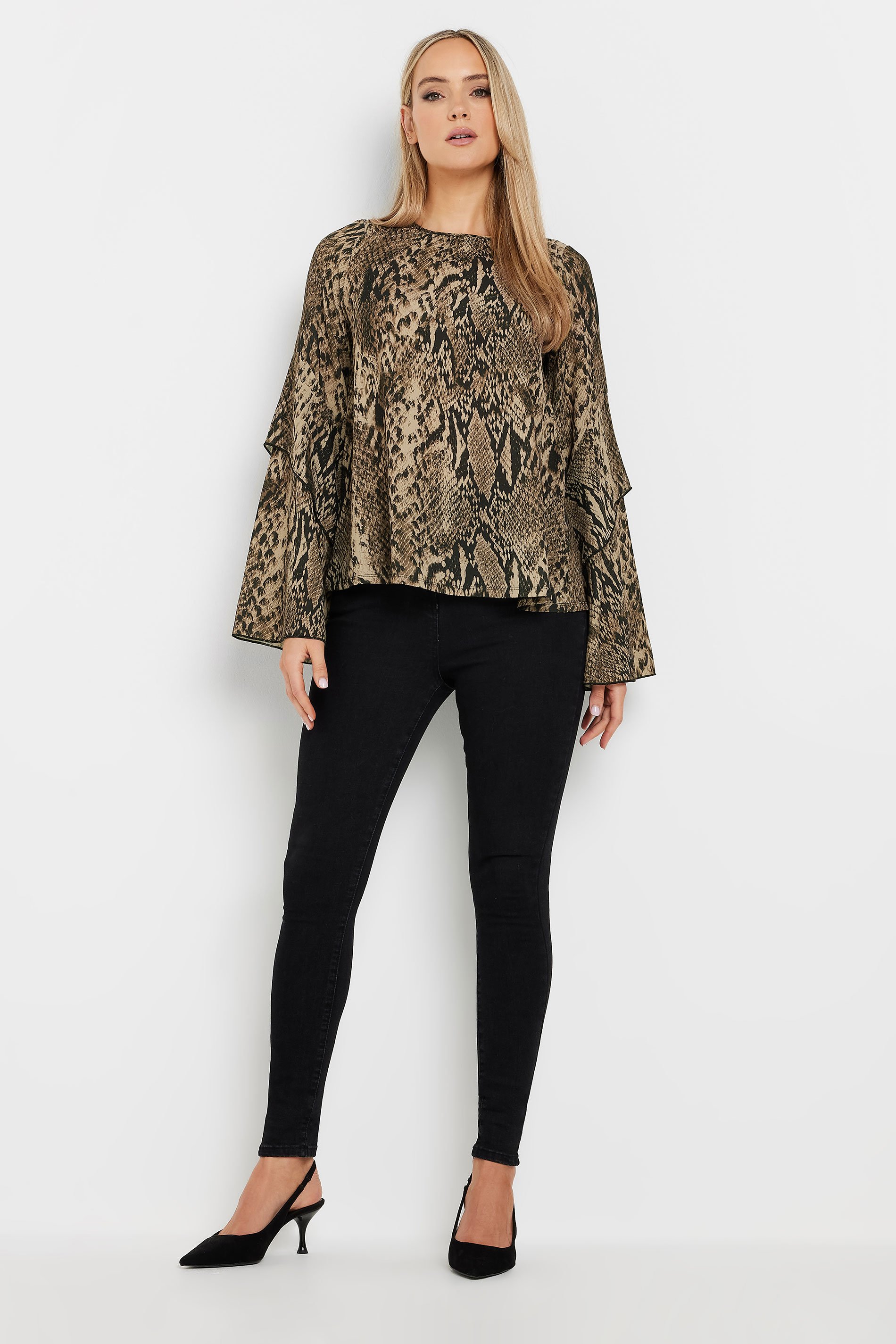 LTS Tall Brown Snake Print Frill Sleeve Blouse | Long Tall Sally 3