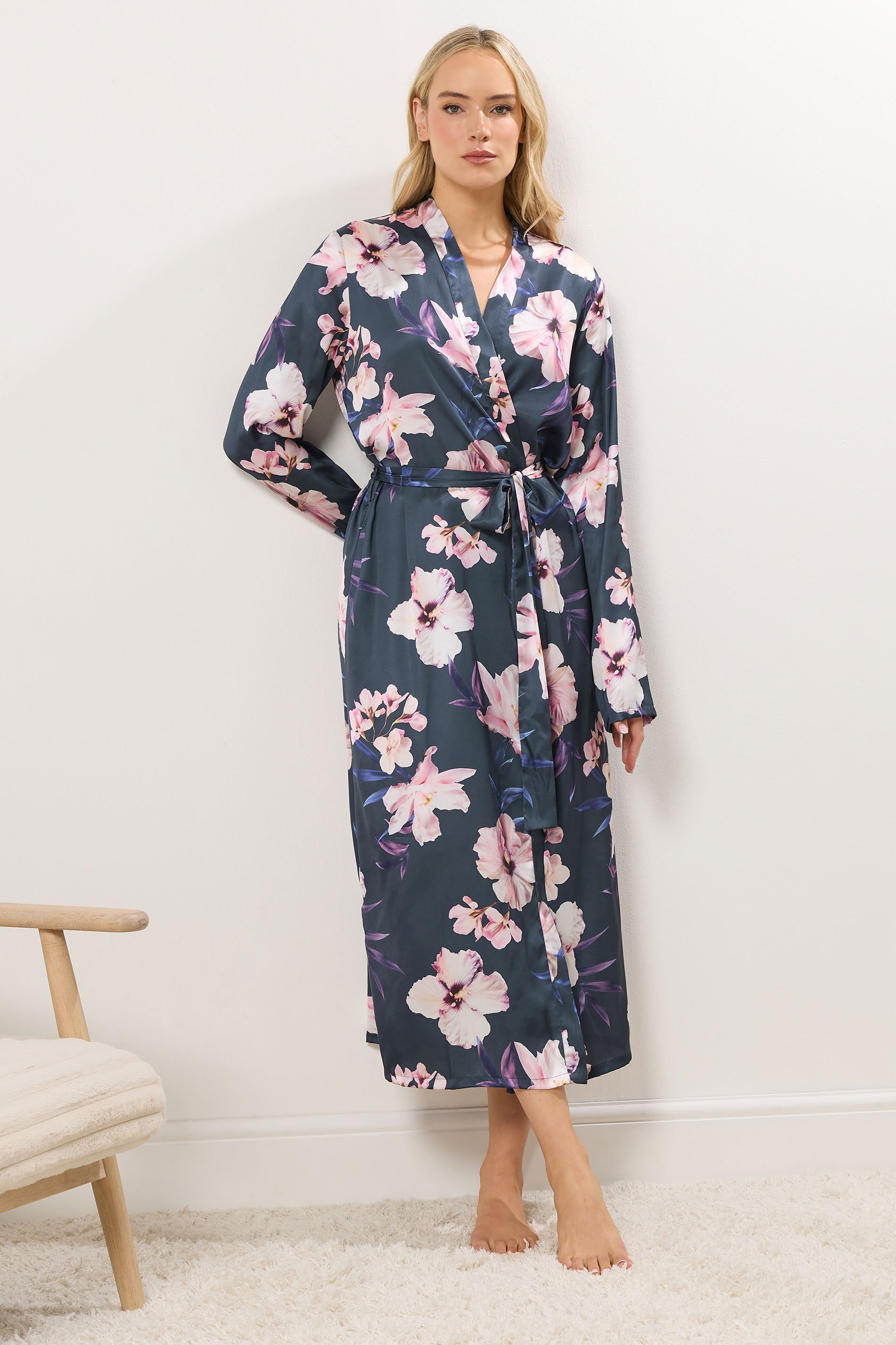LTS Tall Grey Floral Maxi Satin Robe | Long Tall Sally 1
