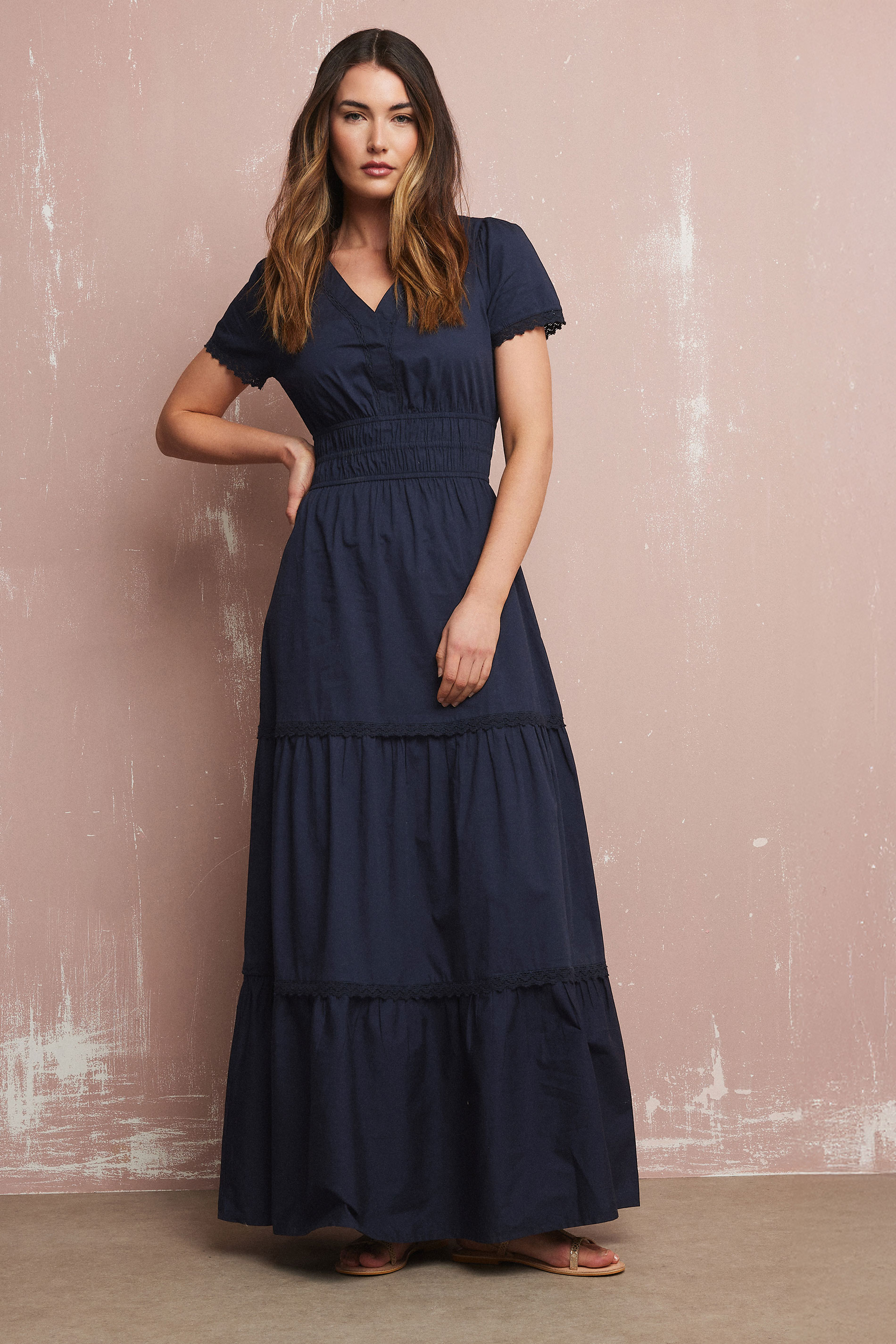 LTS Tall Navy Blue Lace Insert Tiered Maxi Dress | Long Tall Sally 2