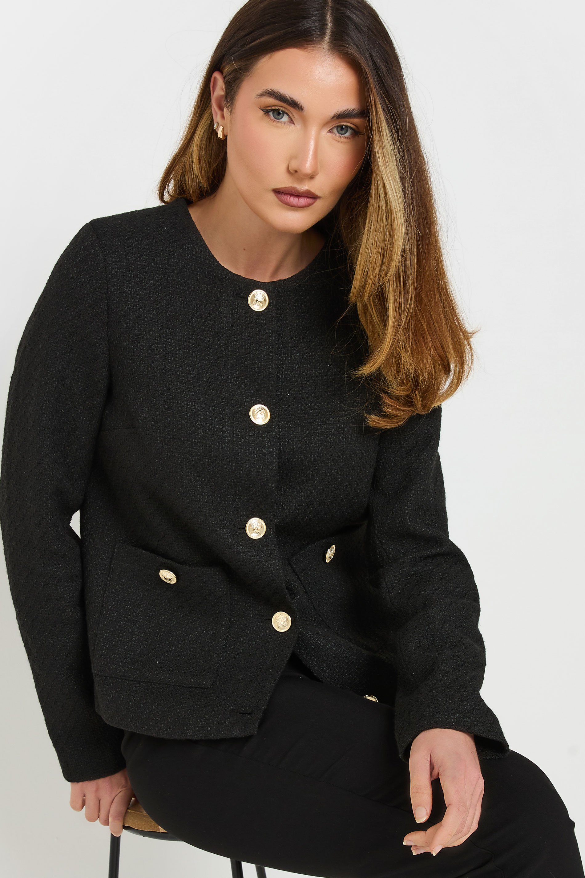 LTS Tall Black Boucle Tweed Button Jacket | Long Tall Sally 5