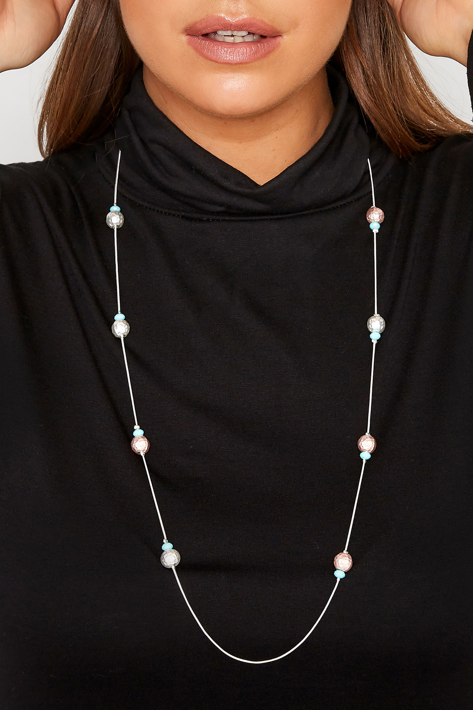 Silver Tone Mixed Bead Long Necklace | Yours Clothing 1