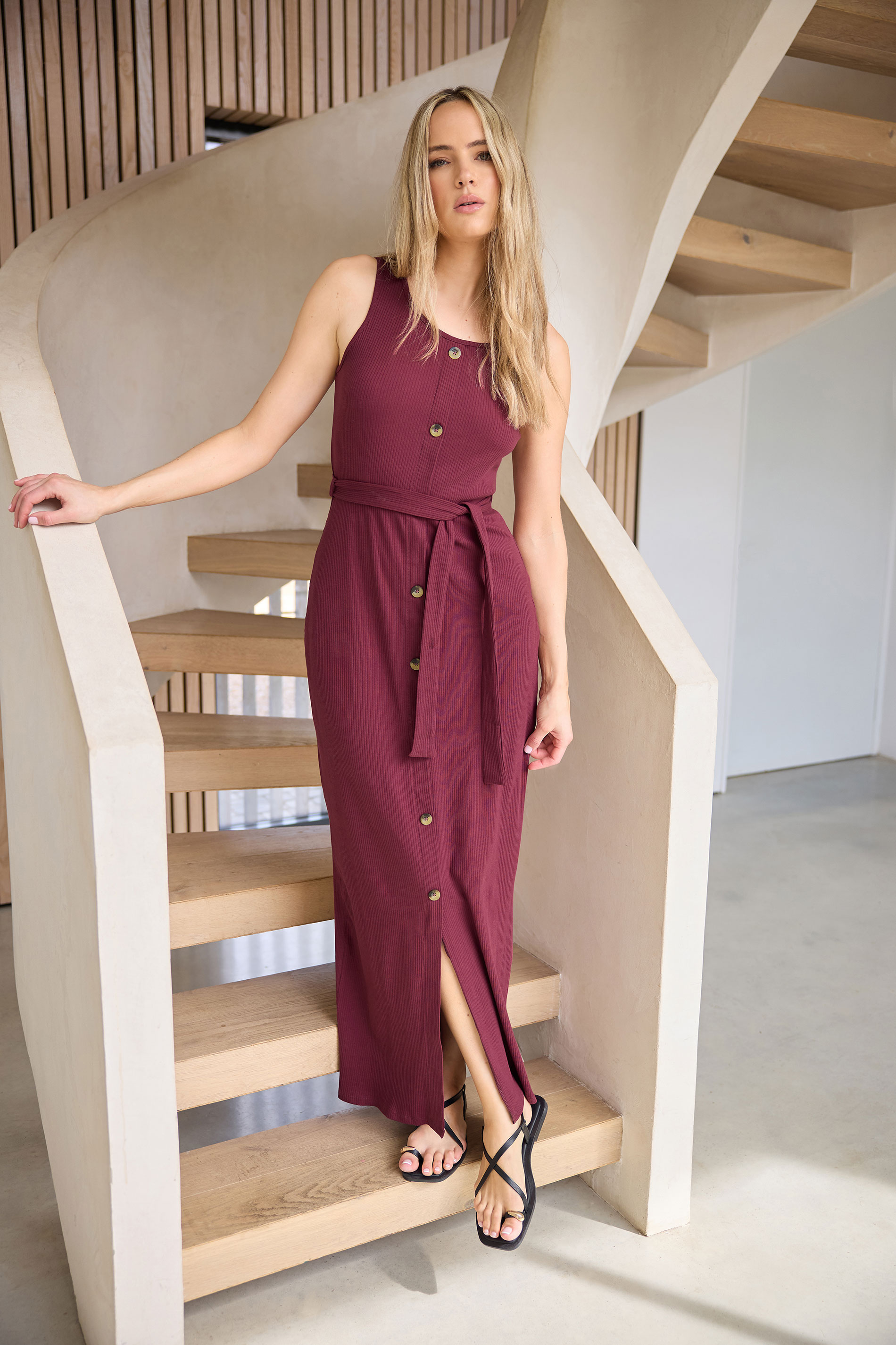 LTS Tall Women's Burgundy Red Ribbed Button Through Maxi Dress | Long Tall Sally 1