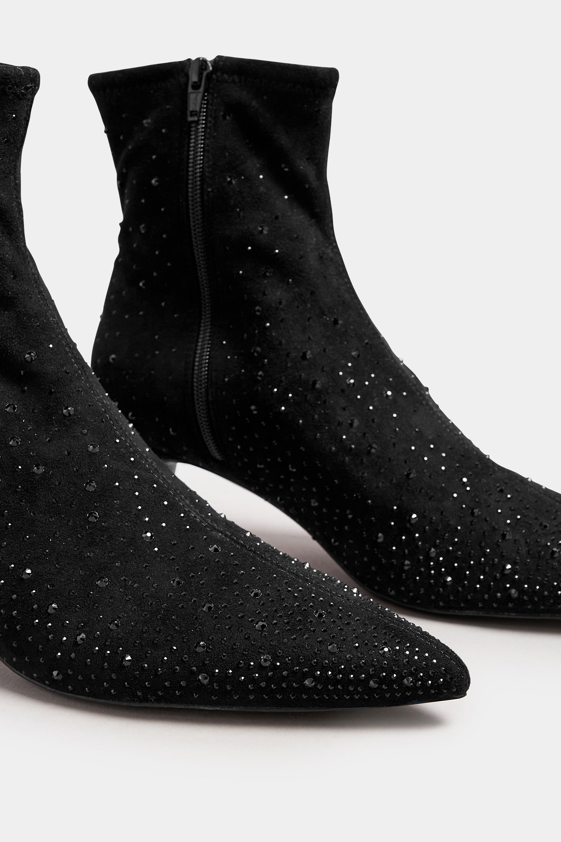 LTS Black Faux Suede Diamante Kitten Heeled Boots In Standard Fit | Long Tall Sally 5