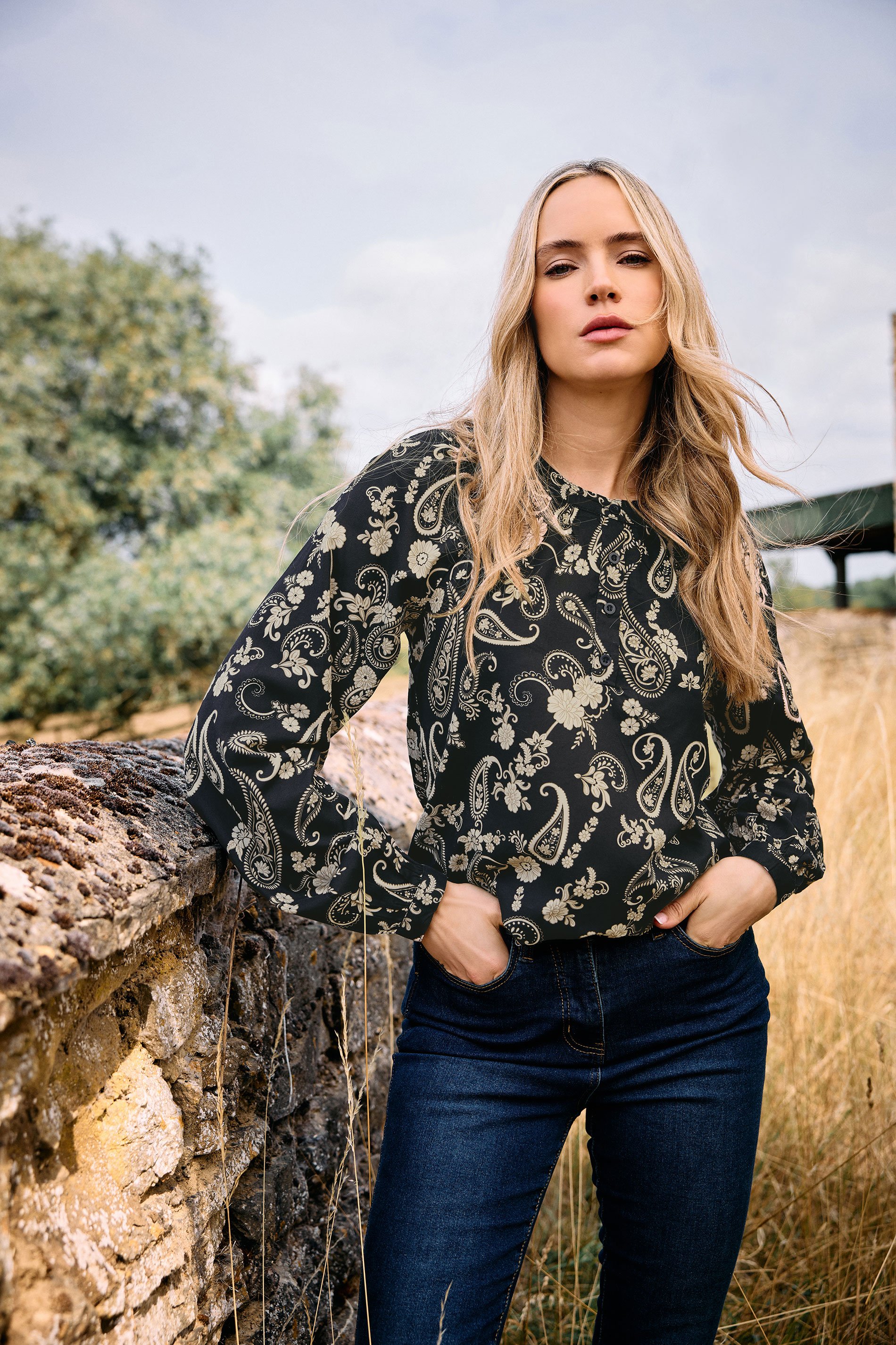 LTS Tall Black Paisley Placket Blouse | Long Tall Sally 1