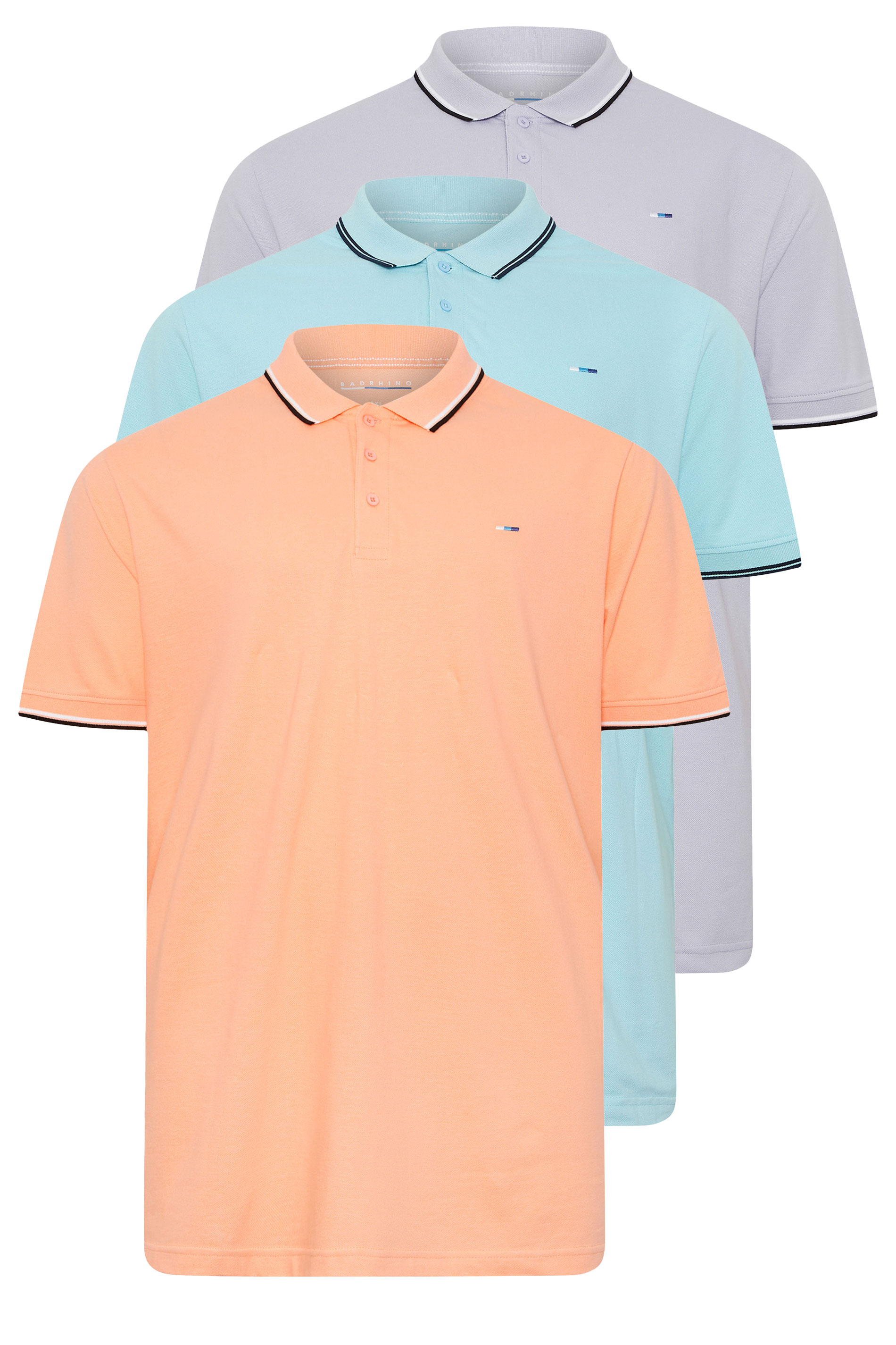 BadRhino Big & Tall 3 Pack Blue & Orange Tipped Polo Shirts | BadRhino 6