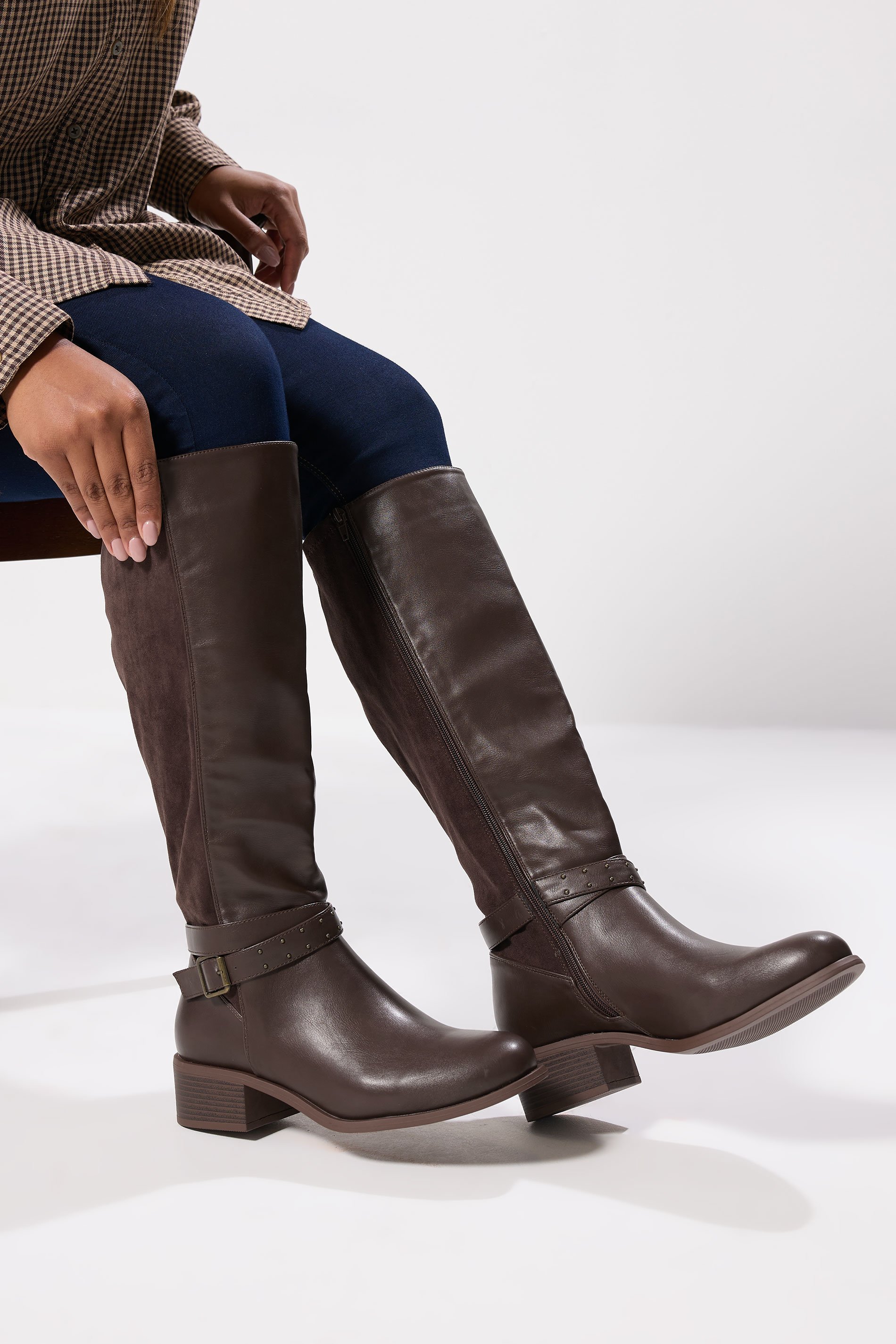 Chocolate Brown Faux Leather Buckle Strap Knee High Boots In Extra Wide EEE Fit | Yours Clothing 1
