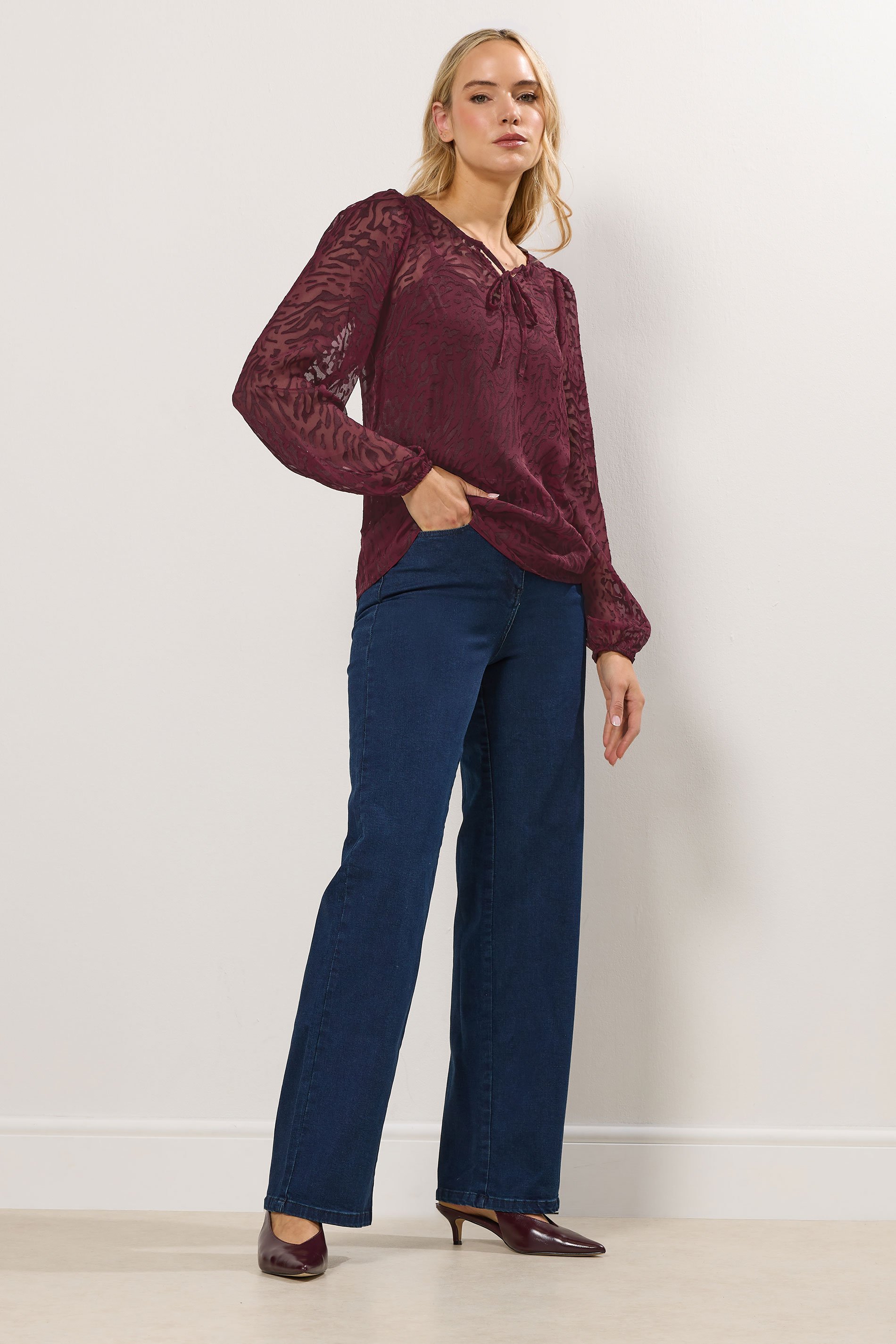 LTS Tall Burgundy Red Animal Burnout Tie Blouse | Long Tall Sally 2