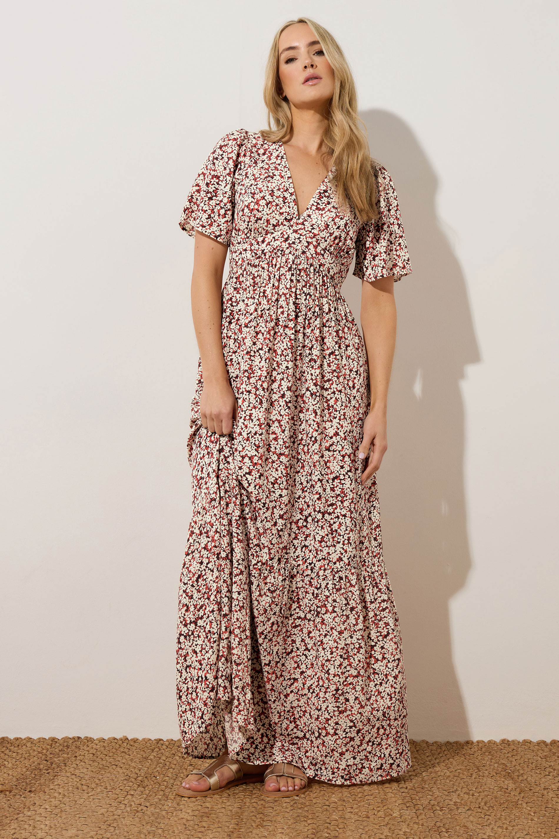 LTS Tall Coral Orange Ditsy Floral Tiered Maxi Dress | Long Tall Sally 1