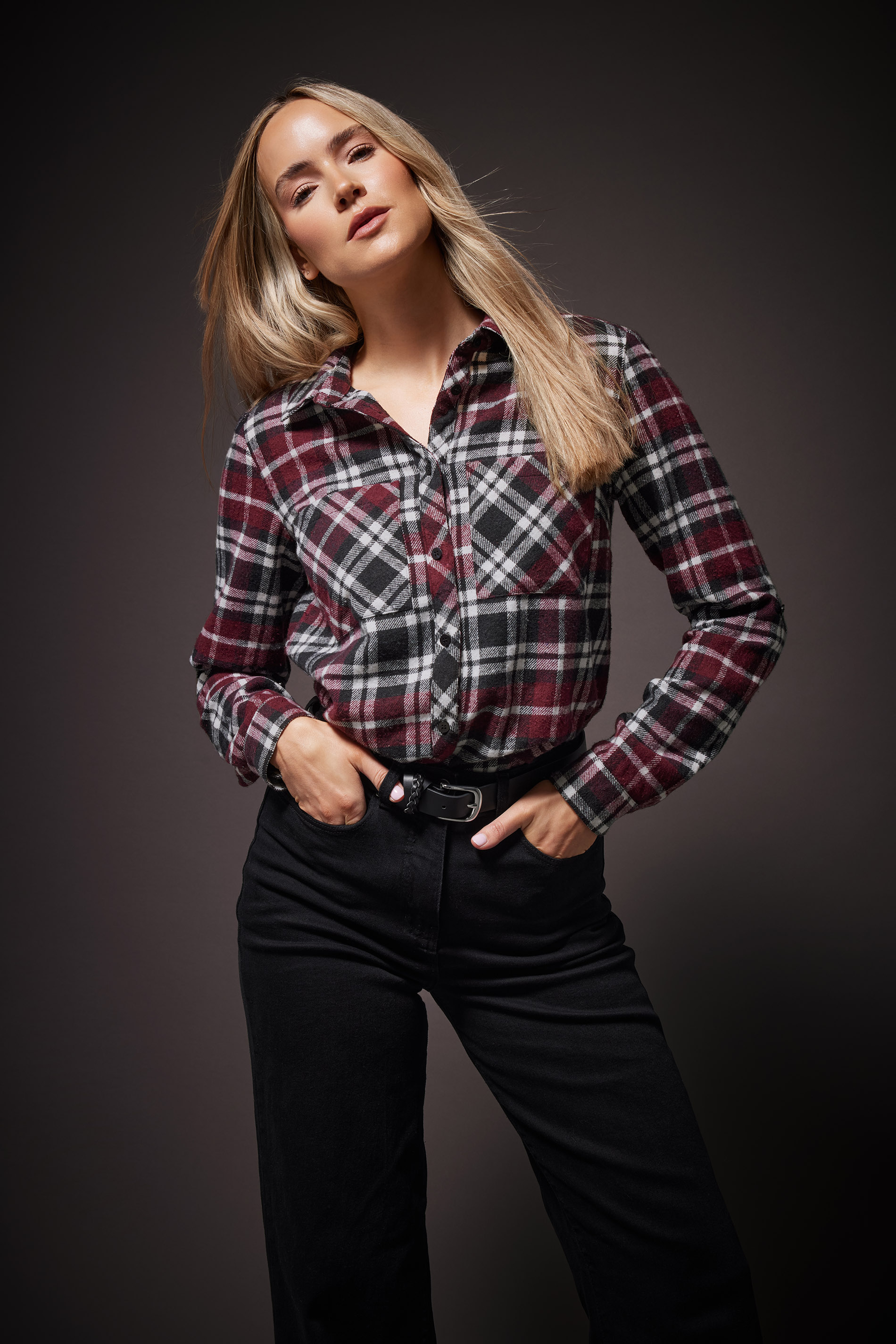 LTS Tall Burgundy Red Check Rolled Sleeve Shirt | Long Tall Sally 1