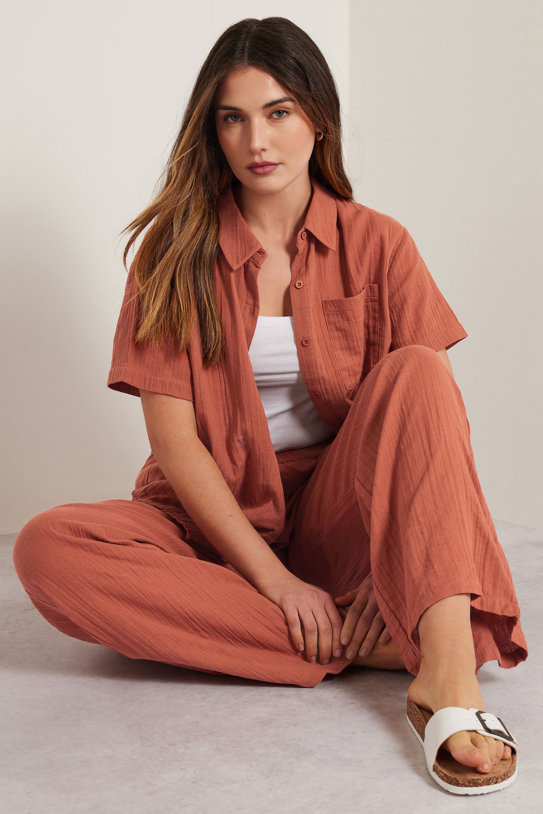 LTS Tall Rust Orange Cotton Cheescloth Wide Leg Trousers | Long Tall Sally 5
