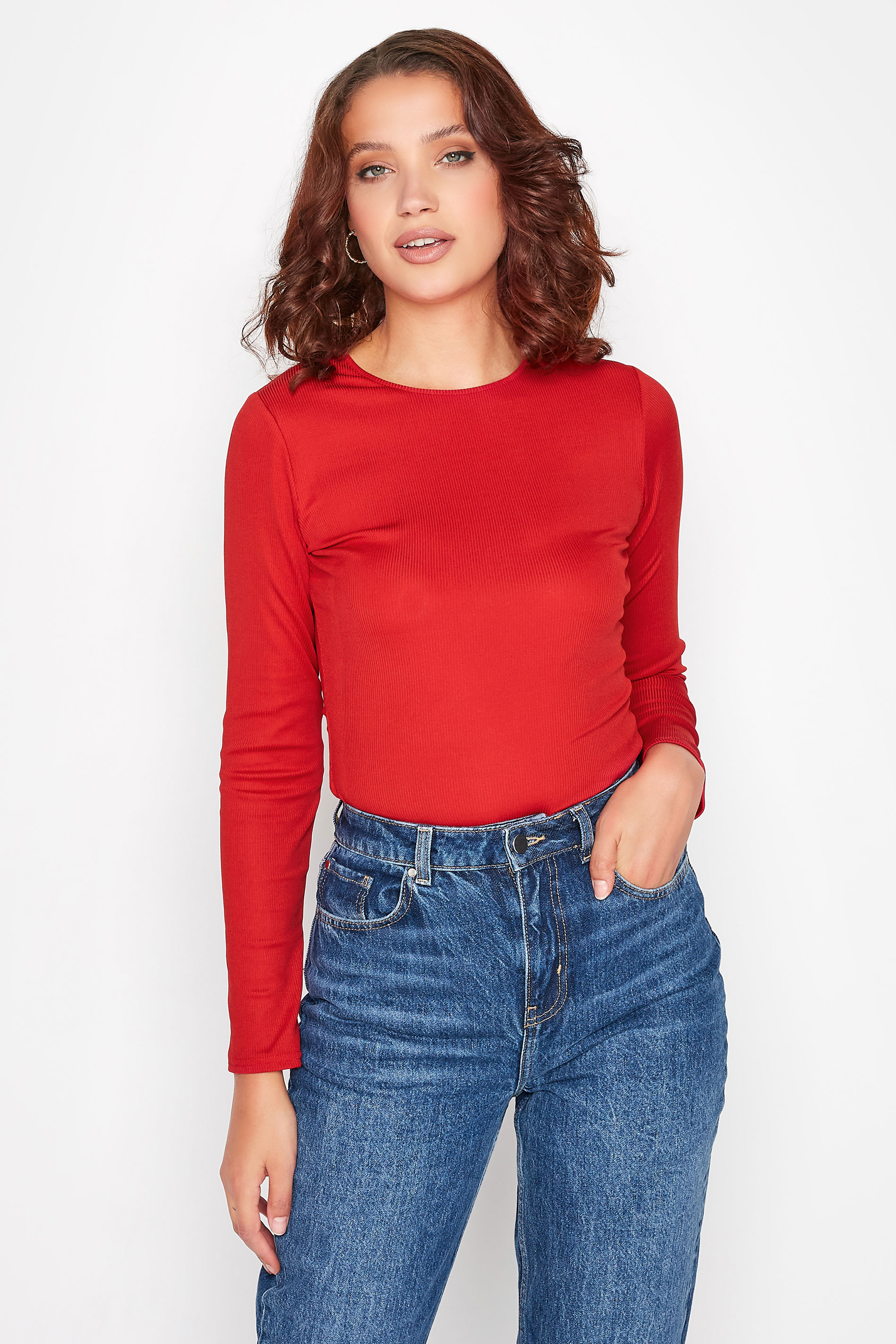 LTS Tall Women's Red Ribbed Long Sleeve Bodysuit | Long Tall Sally