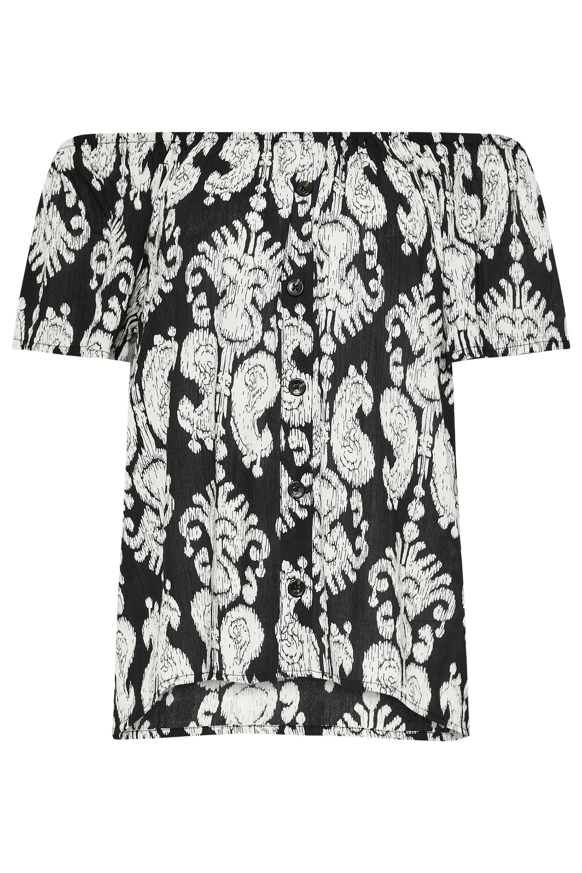 LTS Tall Women's Black Aztec Print Button Detail Bardot Top