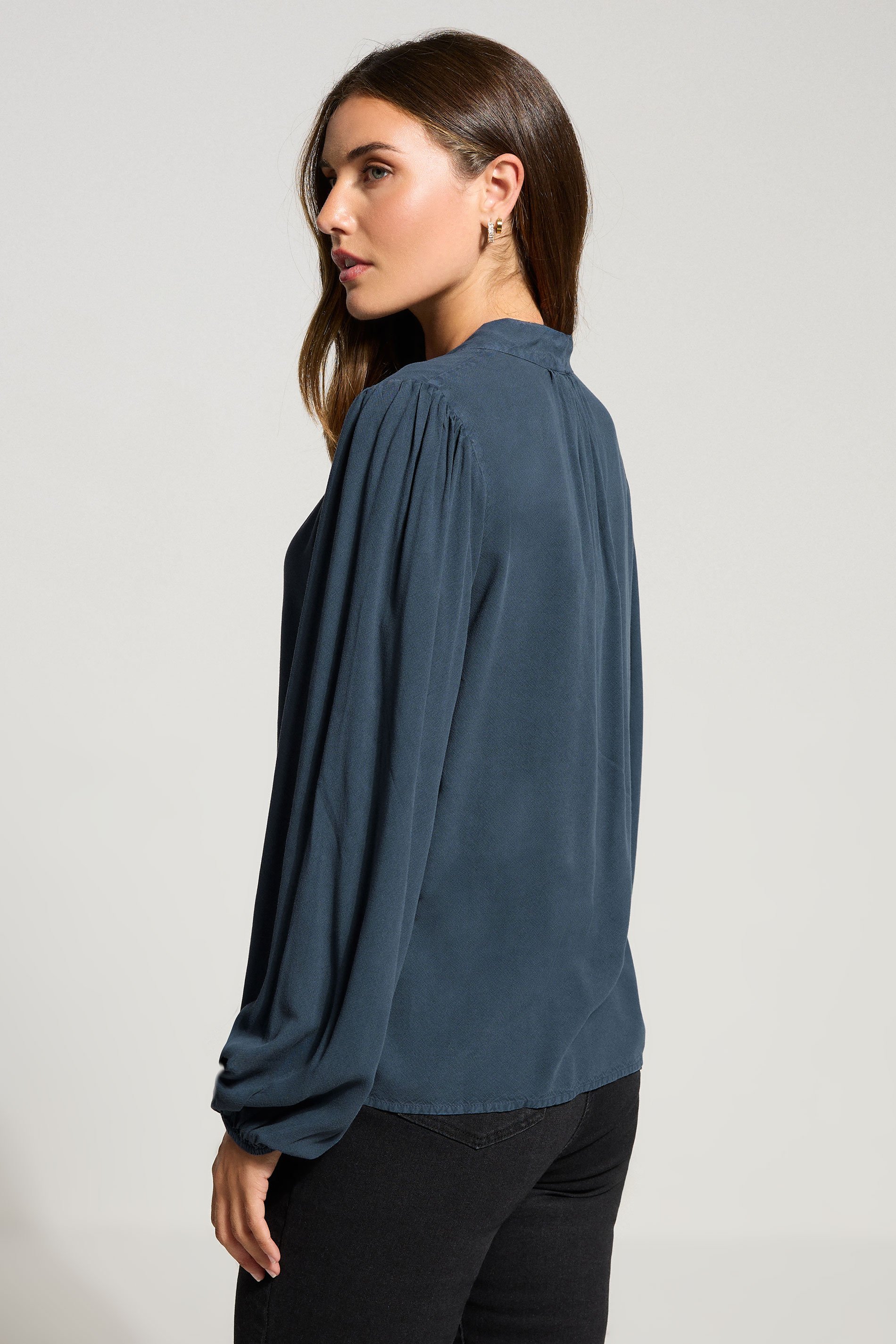 LTS Tall Indigo Blue Acid Wash Tie Neck Blouse | Long Tall Sally 3