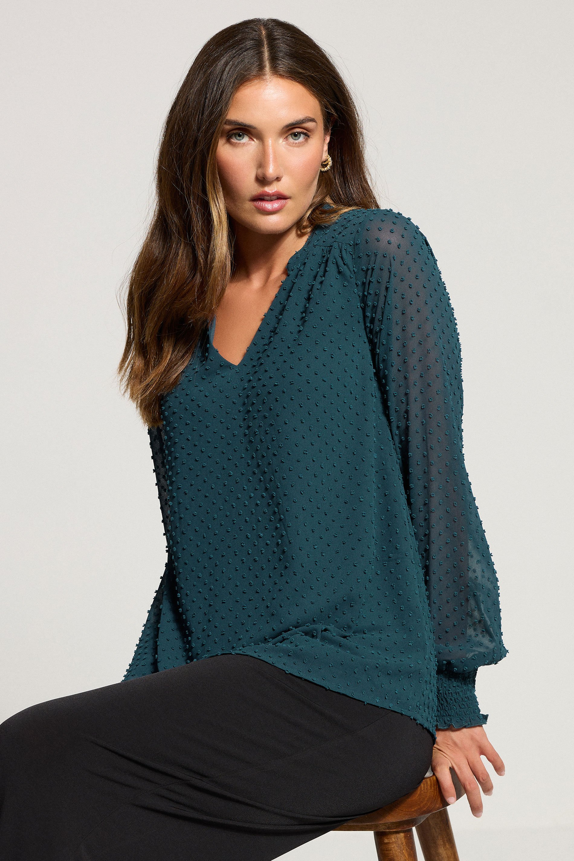 LTS Tall Teal Green Dobby Spot Shirred Blouse | Long Tall Sally 1
