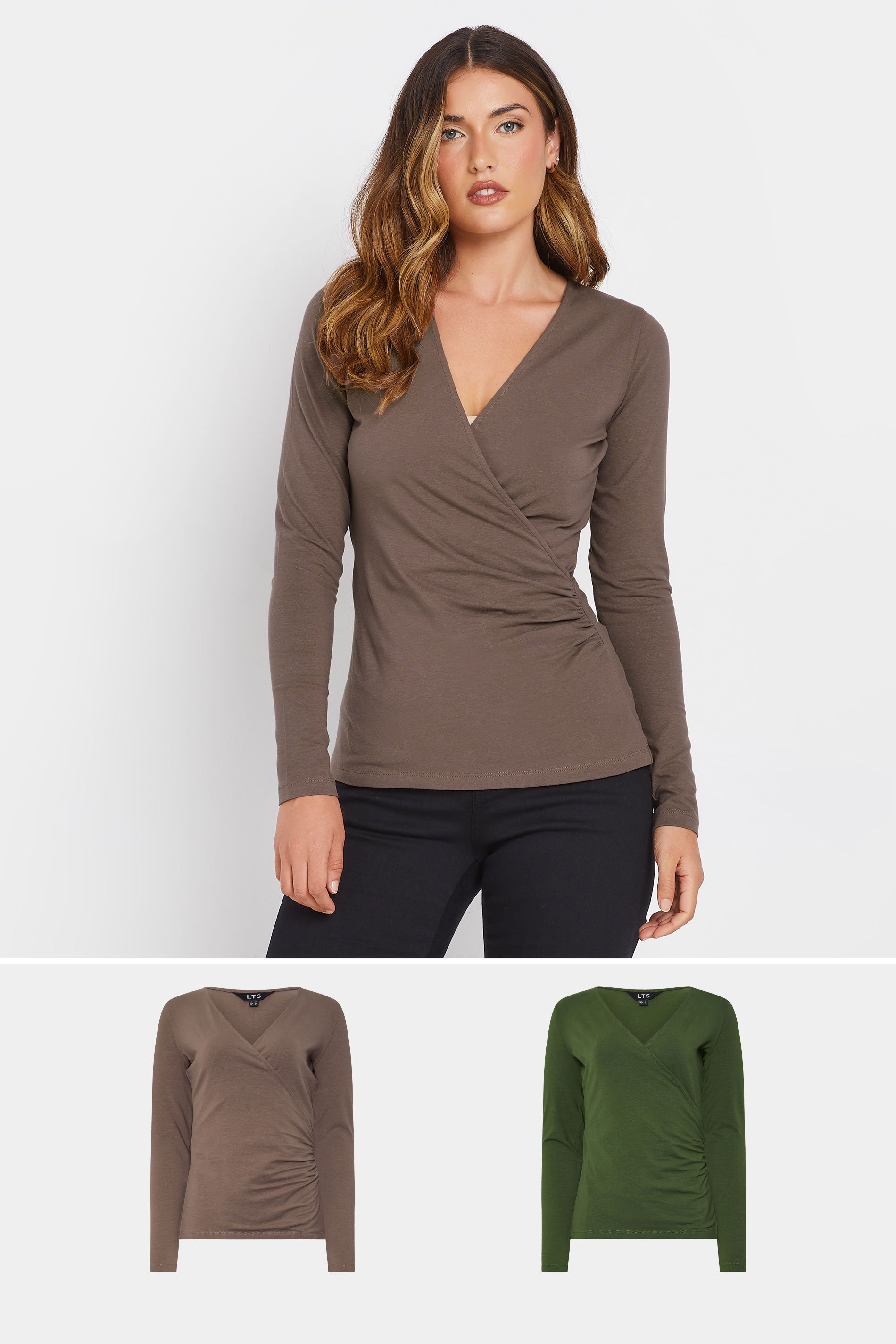 LTS Tall 2 PACK Mocha Brown & Khaki Green Wrap Tops | Long Tall Sally 1