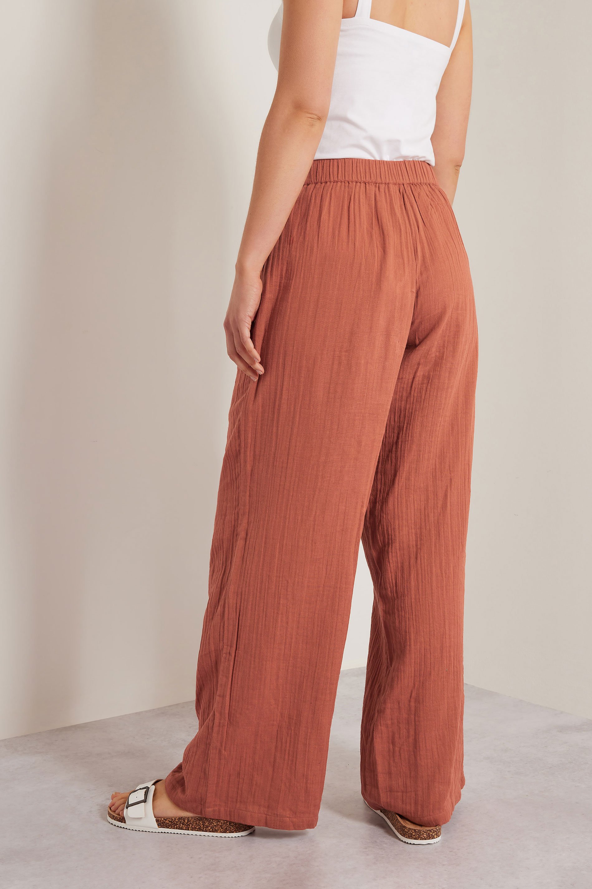 LTS Tall Rust Orange Cotton Cheescloth Wide Leg Trousers | Long Tall Sally 4