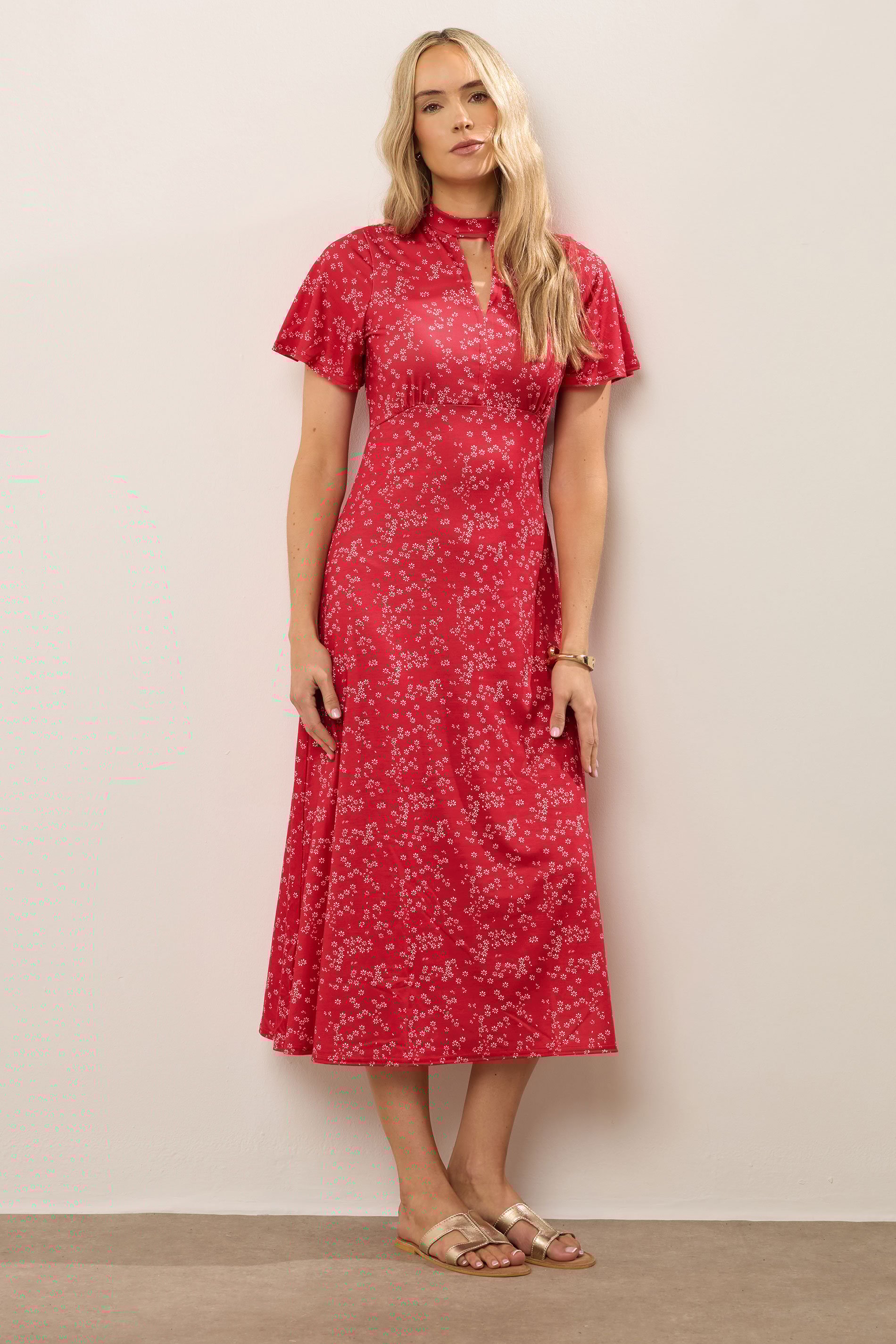 LTS Tall Red Ditsy Print Keyhole Midi Dress | Long Tall Sally 1
