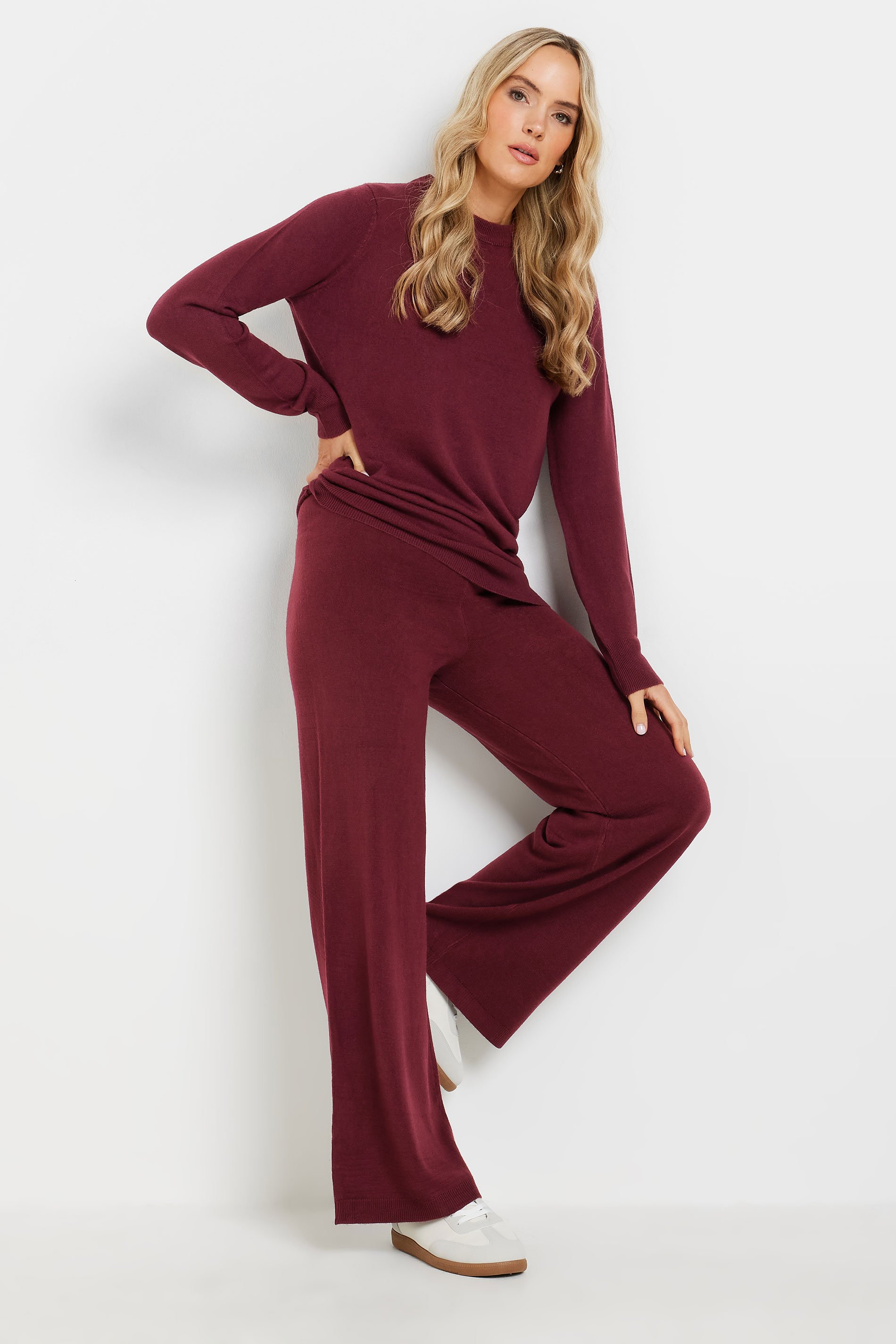LTS Tall Burgundy Red Knitted Wide Leg Trousers | Long Tall Sally 1