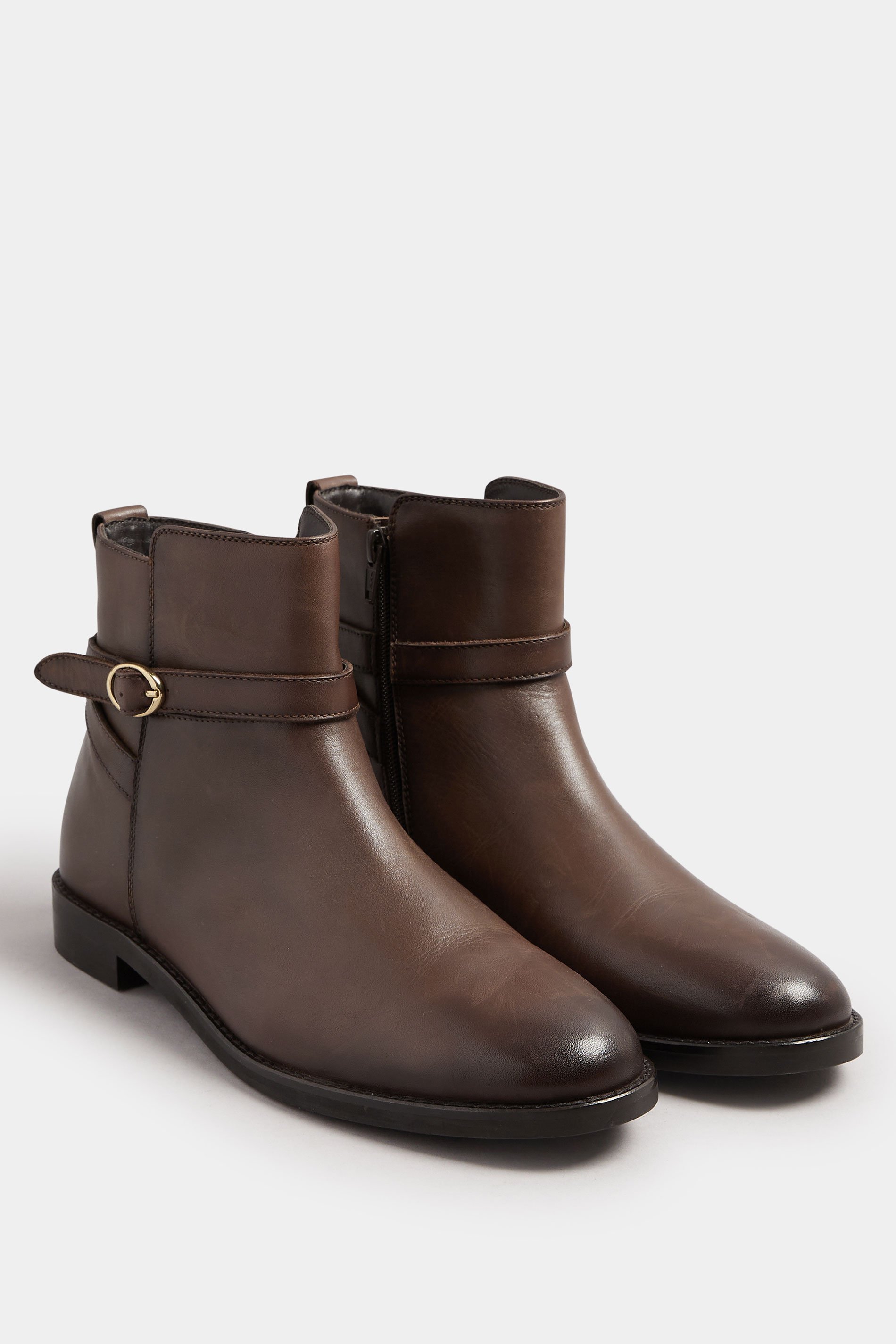 LTS Brown Leather Buckle Detail Ankle Boots In Standard Fit | Long Tall Sally 3