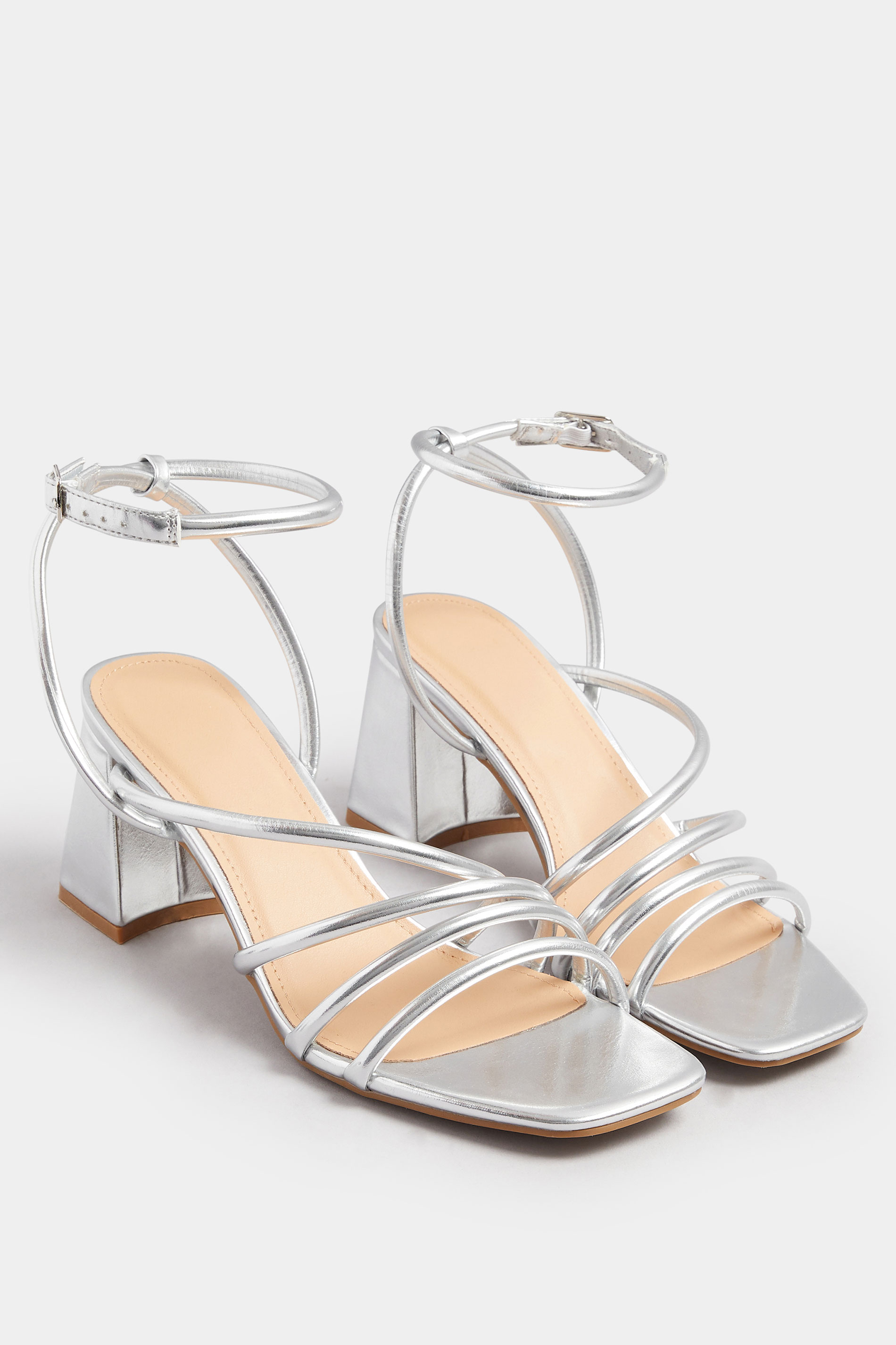 Silver Aysmmetric Strappy Block Heels In Standard Fit | Yours Clothing 2