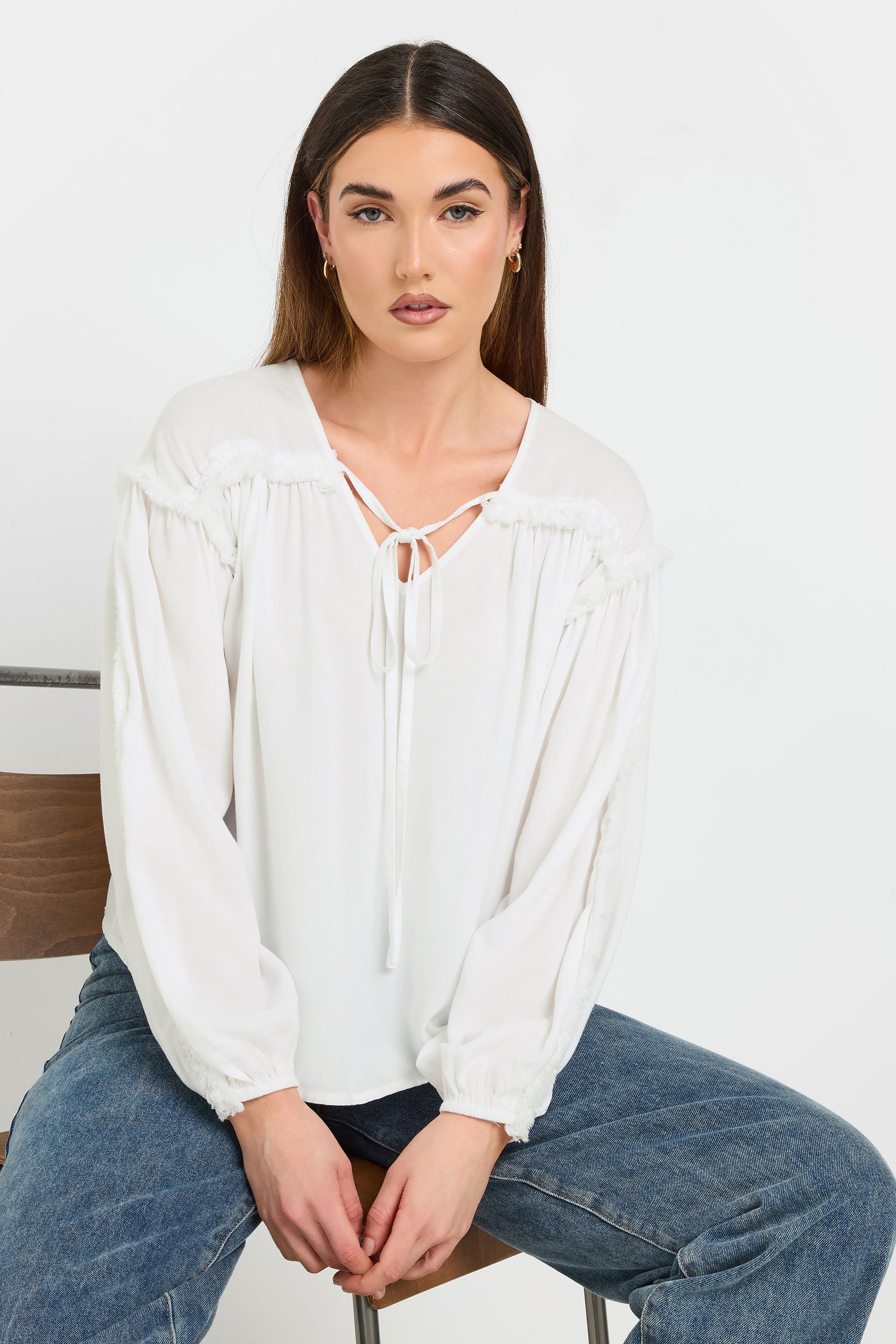 LTS Tall Ivory White Fringed Seam Tie Neck Blouse | Long Tall Sally 5