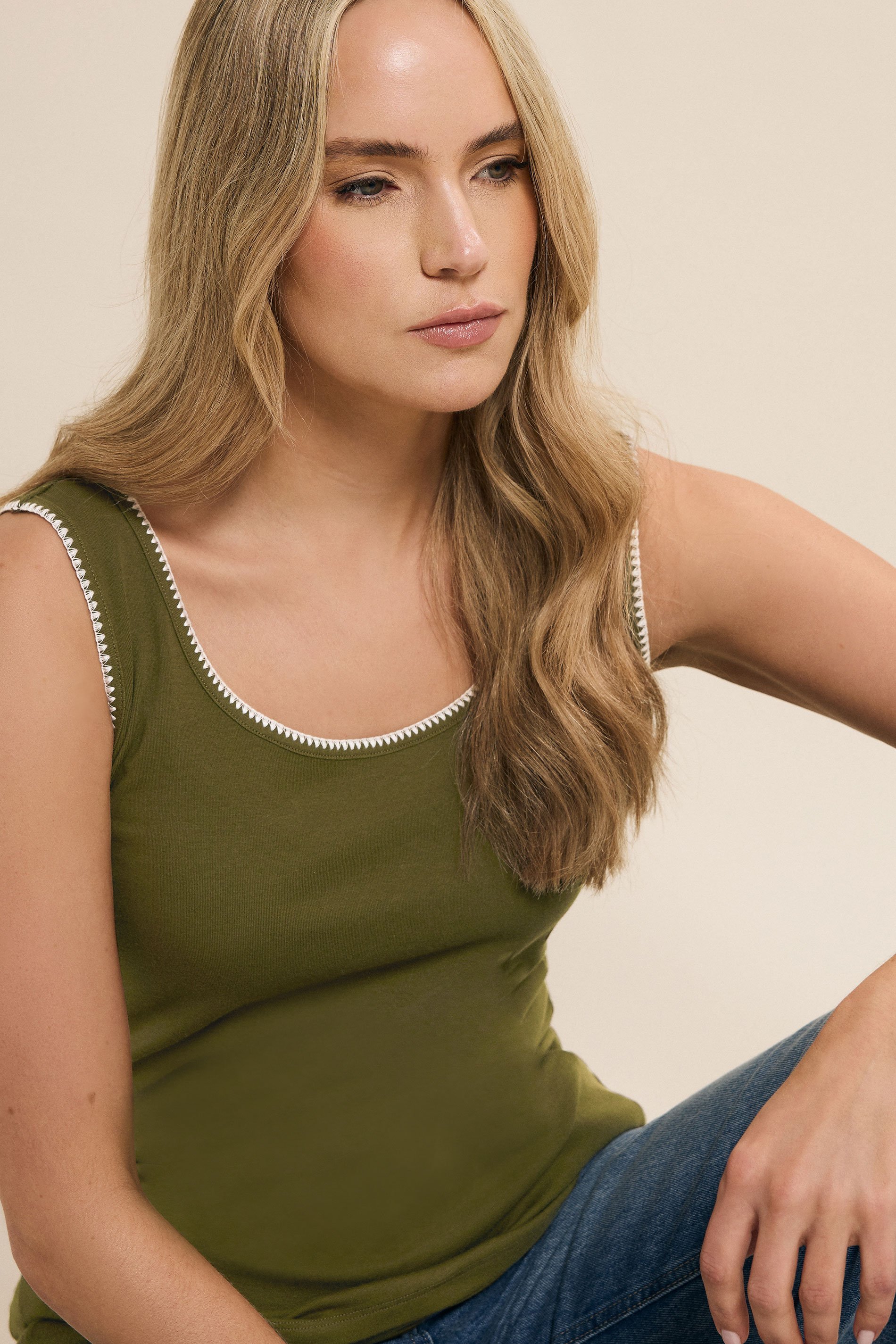 LTS Tall Khaki Green Contrast Stitch Vest Top | Long Tall Sally 1