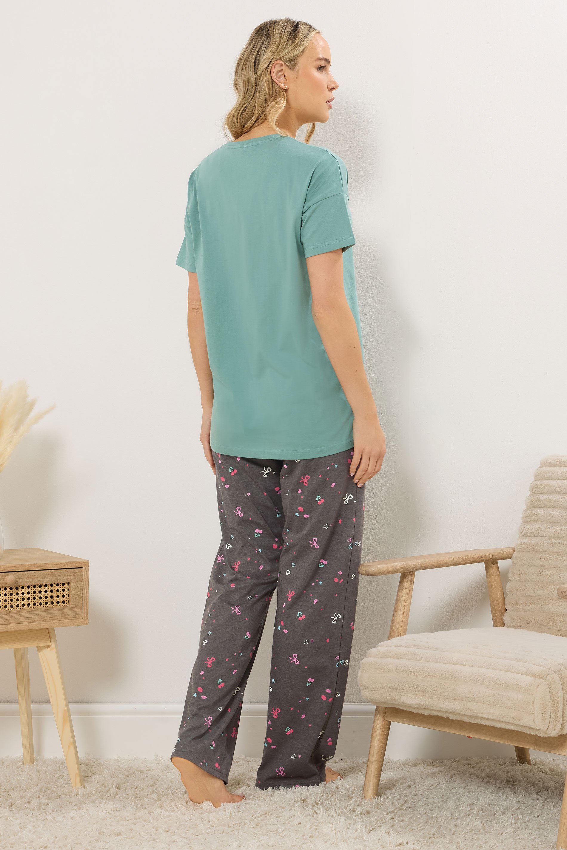 LTS Tall Women's Mint Green Cherry & Bow Print Pyjama Set | Long Tall Sally 3