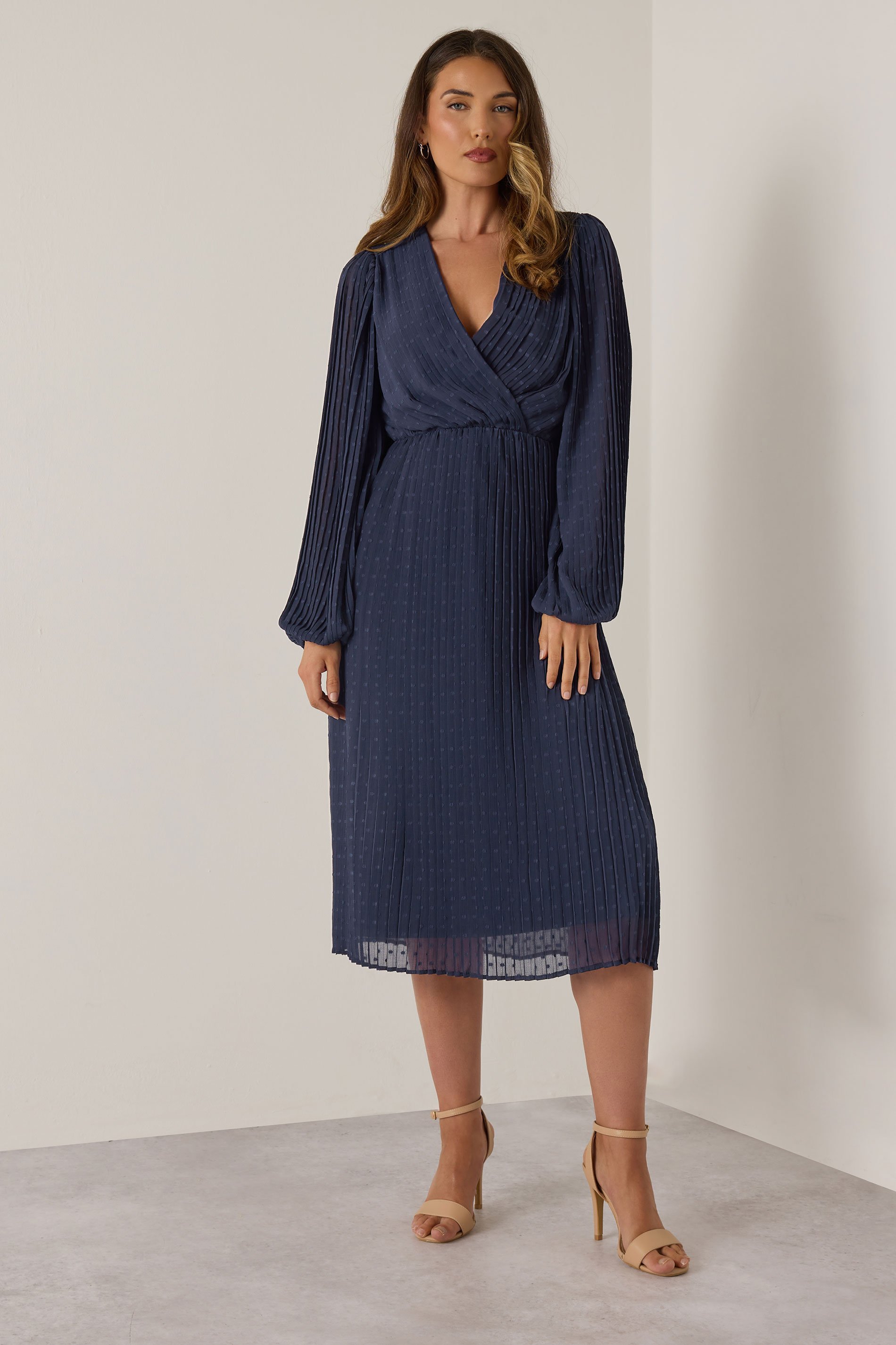 LTS Tall Navy Blue Chiffon Dobby Pleated Wrap Midi Dress | Long Tall Sally 2
