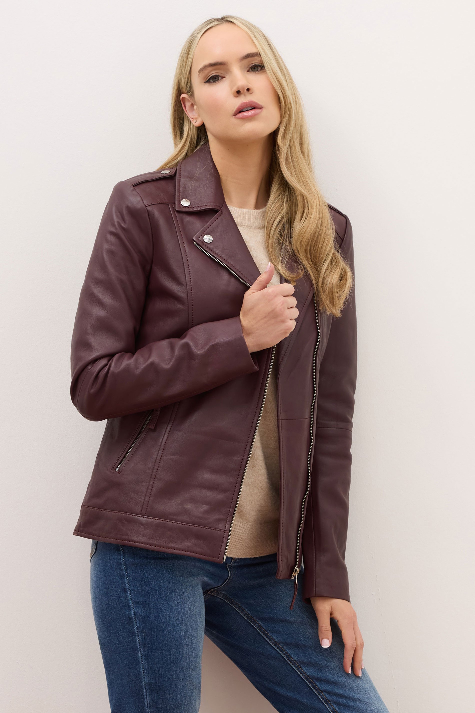 LTS PREMIUM Tall Burgundy Red Leather Biker Jacket | Long Tall Sally 2